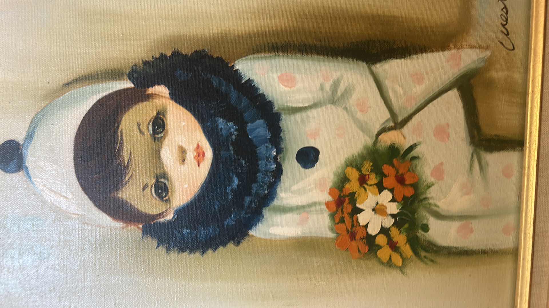 Photo 1 of ORNATELY GOLD WOOD FRAMED OIL ON CANVAS “ HARLEQUIN BOUQUET” BY WEST, ARTWORK 18 1/2
23 inches