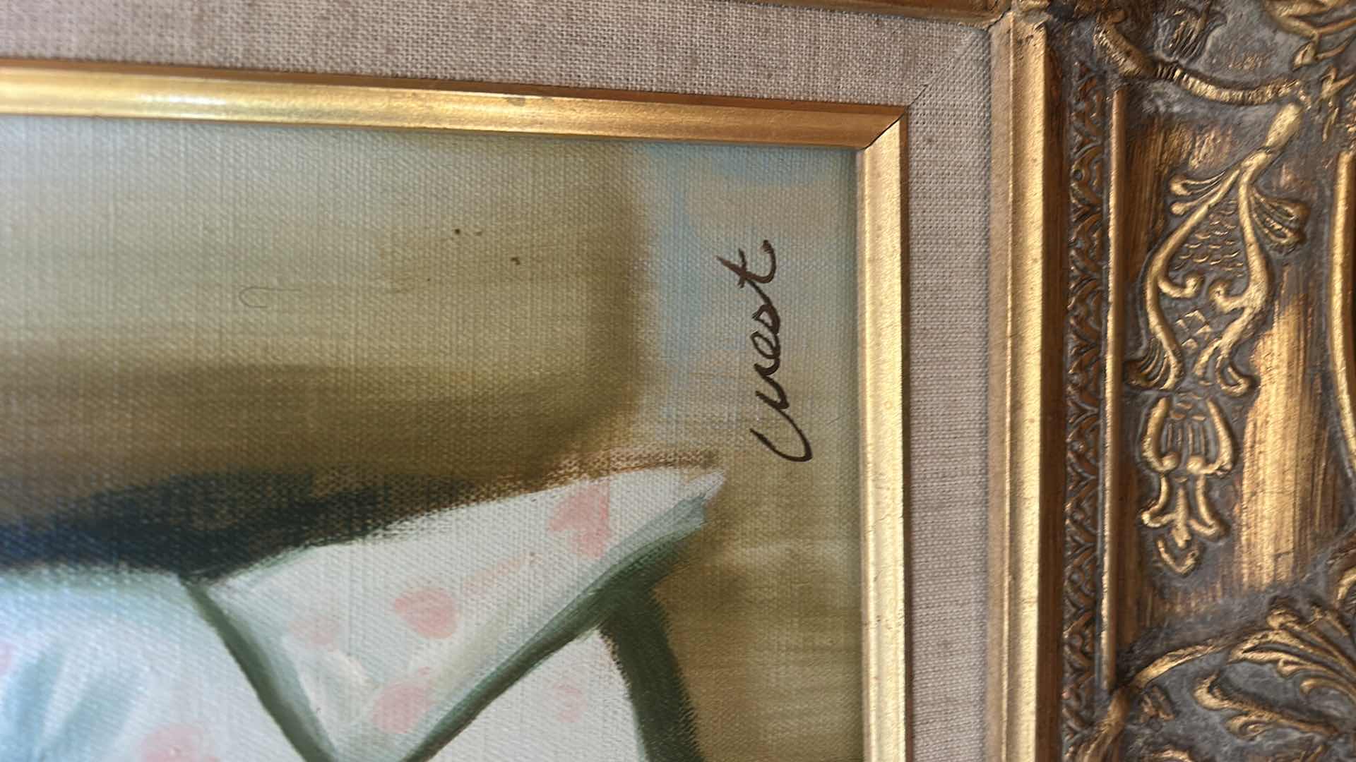 Photo 1 of ORNATELY GOLD WOOD FRAMED OIL ON CANVAS “ HARLEQUIN BOUQUET” BY WEST, ARTWORK 18 1/2
23 inches