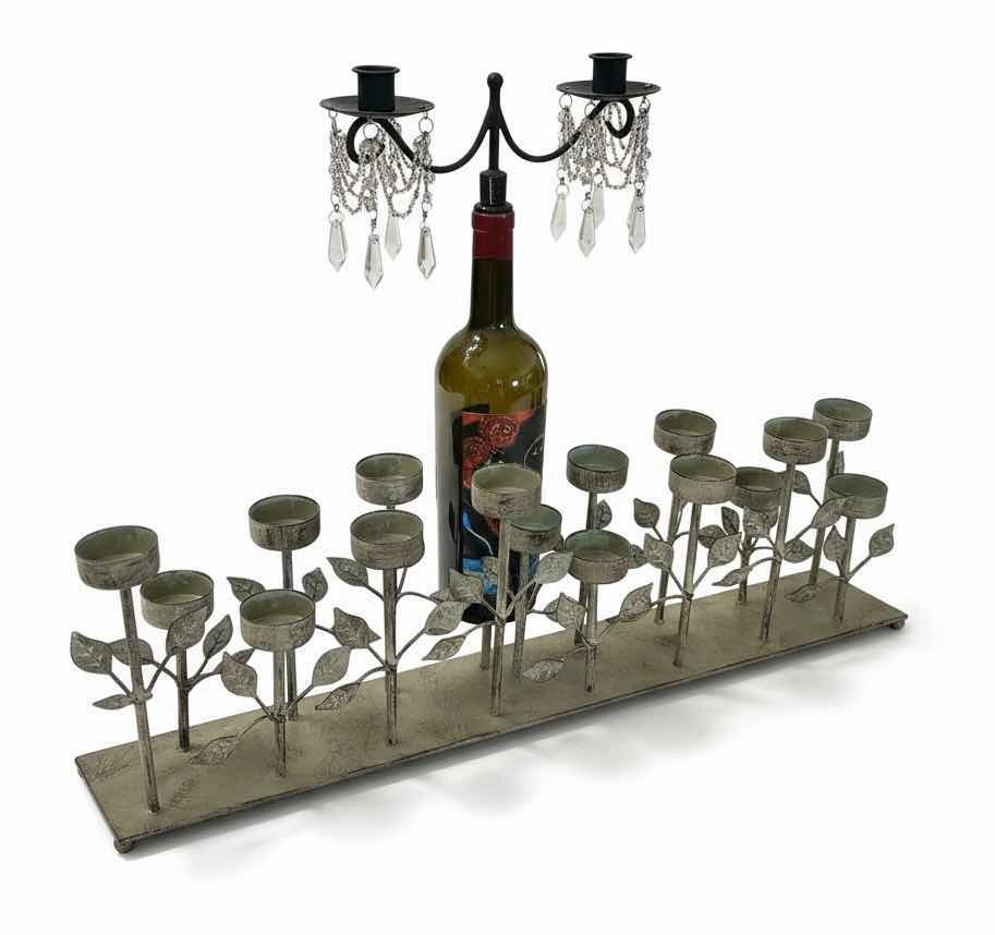 Photo 1 of METAL CANDLE HOLDER  23 1/2“ x H 7“AND WINE BOTTLE WITH CANDLE HOLDER