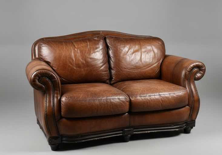 Photo 1 of BROWN LEATHER LOVESEAT WITH NAIL HEAD TRIM AND WOOD BASE & LEGS  69“ x 39“ x H36“