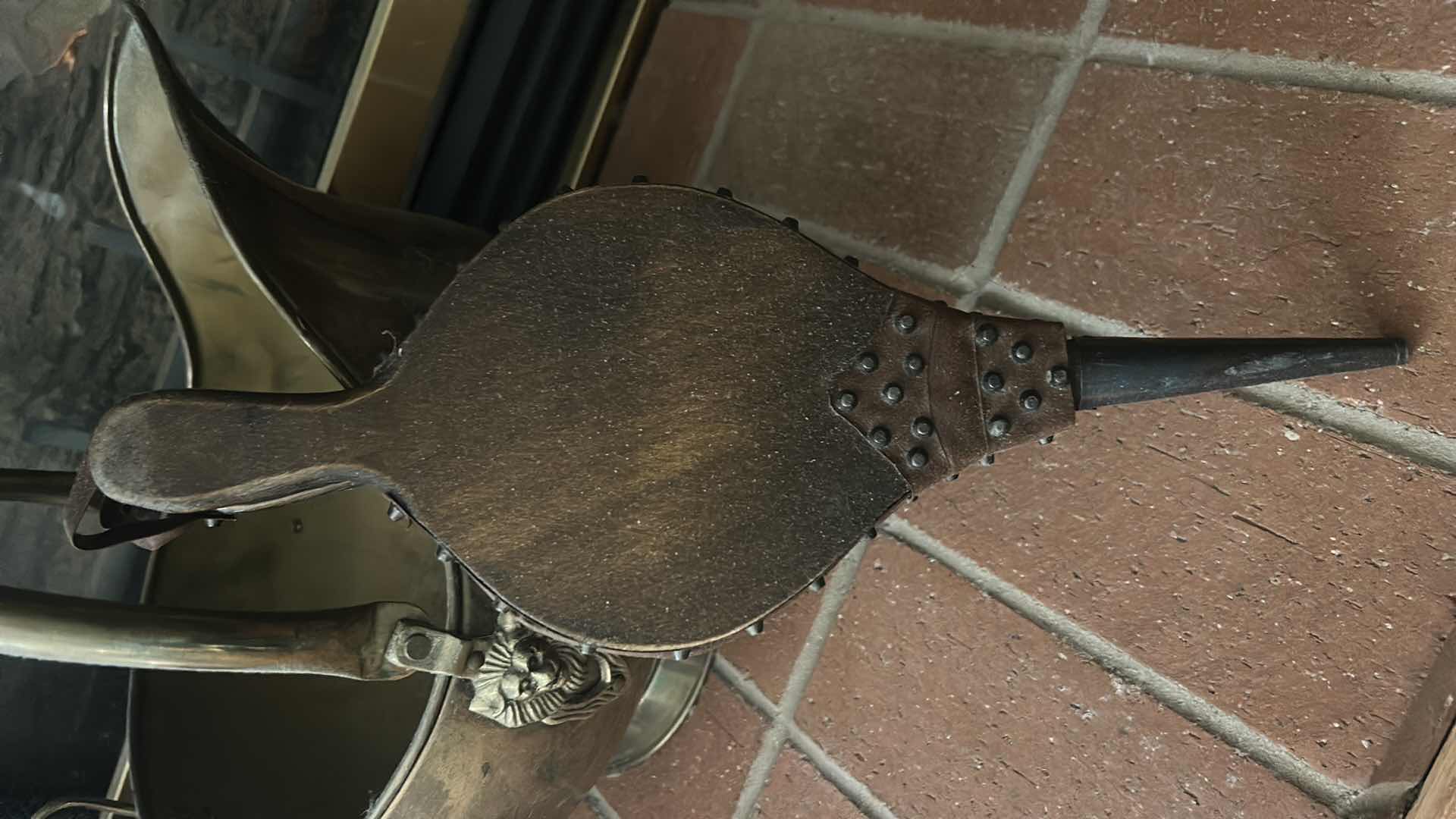 Photo 1 of BRASS COAL SCUTTLE WITH DELFT STYLE PORCELAIN HANDLES H12” & ANTIQUE FIREPLACE BELLOWS