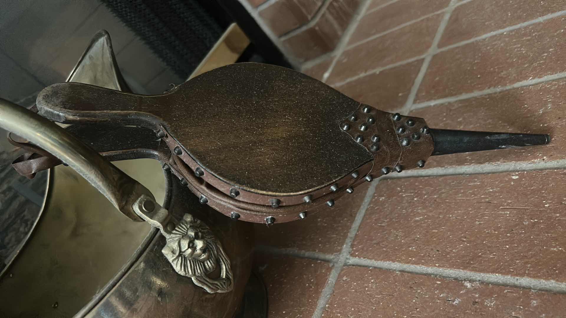 Photo 1 of BRASS COAL SCUTTLE WITH DELFT STYLE PORCELAIN HANDLES H12” & ANTIQUE FIREPLACE BELLOWS