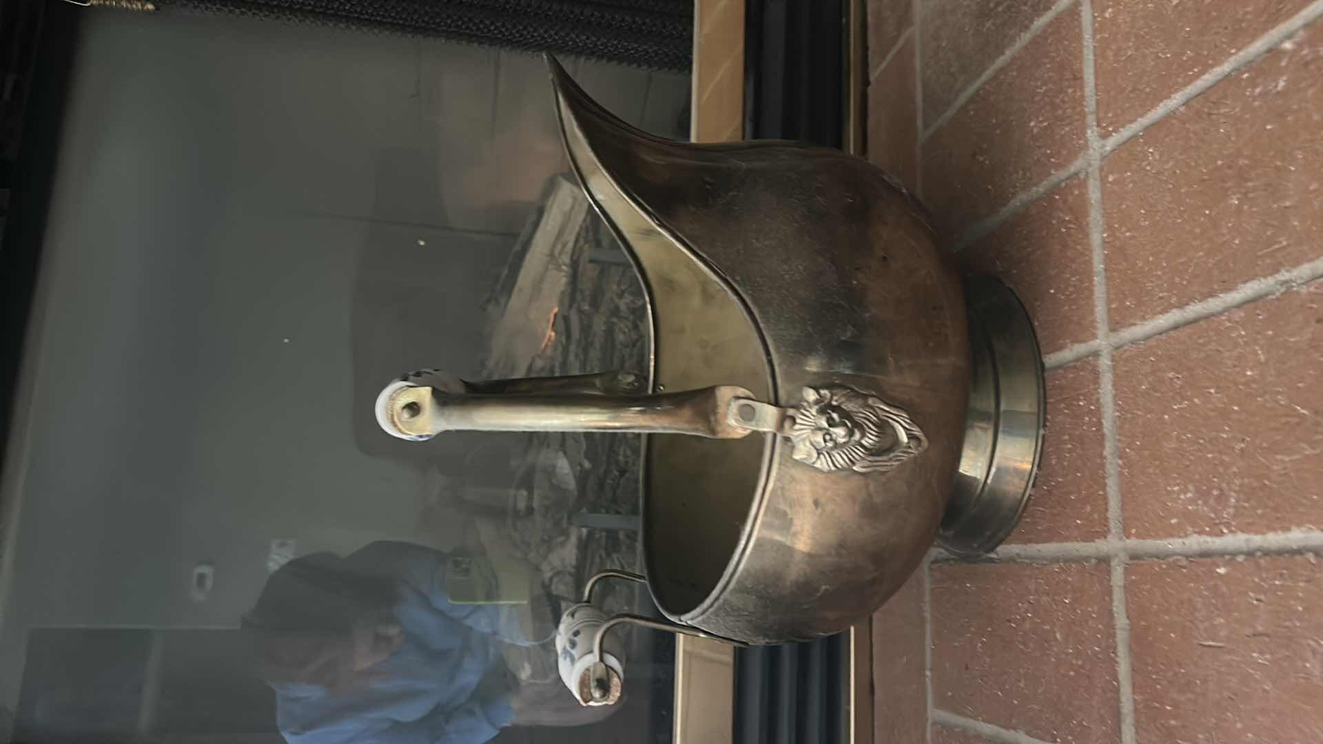 Photo 1 of BRASS COAL SCUTTLE WITH DELFT STYLE PORCELAIN HANDLES H12” & ANTIQUE FIREPLACE BELLOWS