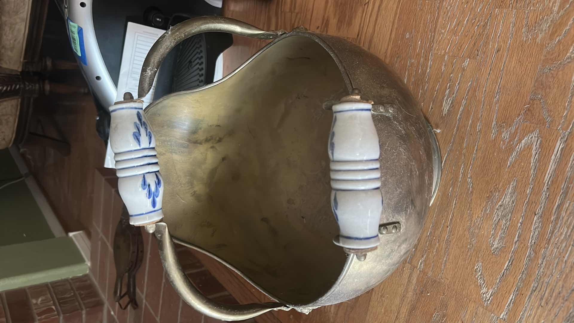 Photo 1 of BRASS COAL SCUTTLE WITH DELFT STYLE PORCELAIN HANDLES H12” & ANTIQUE FIREPLACE BELLOWS