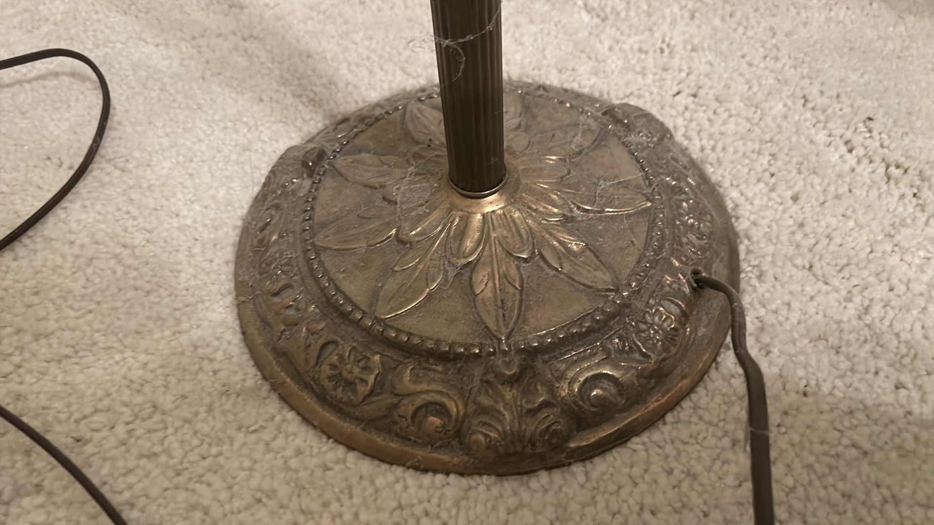 Photo 1 of ANTIQUE HEAVY BRASS LAMP WITH GREEN GLASS SCALLOPED SHADE