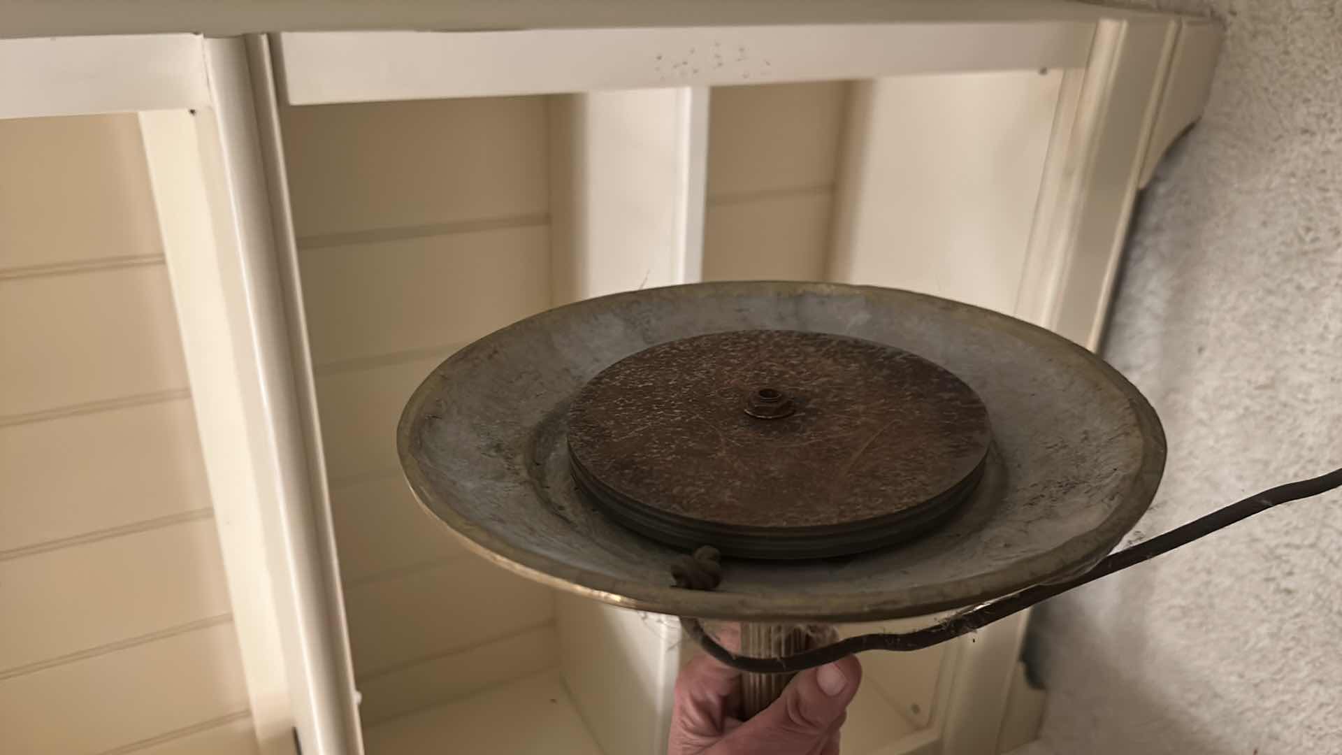 Photo 1 of ANTIQUE HEAVY BRASS LAMP WITH GREEN GLASS SCALLOPED SHADE