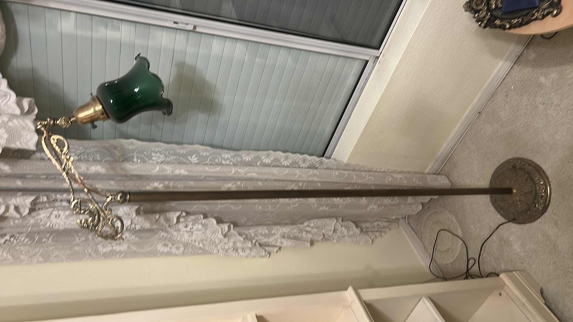 Photo 1 of ANTIQUE HEAVY BRASS LAMP WITH GREEN GLASS SCALLOPED SHADE