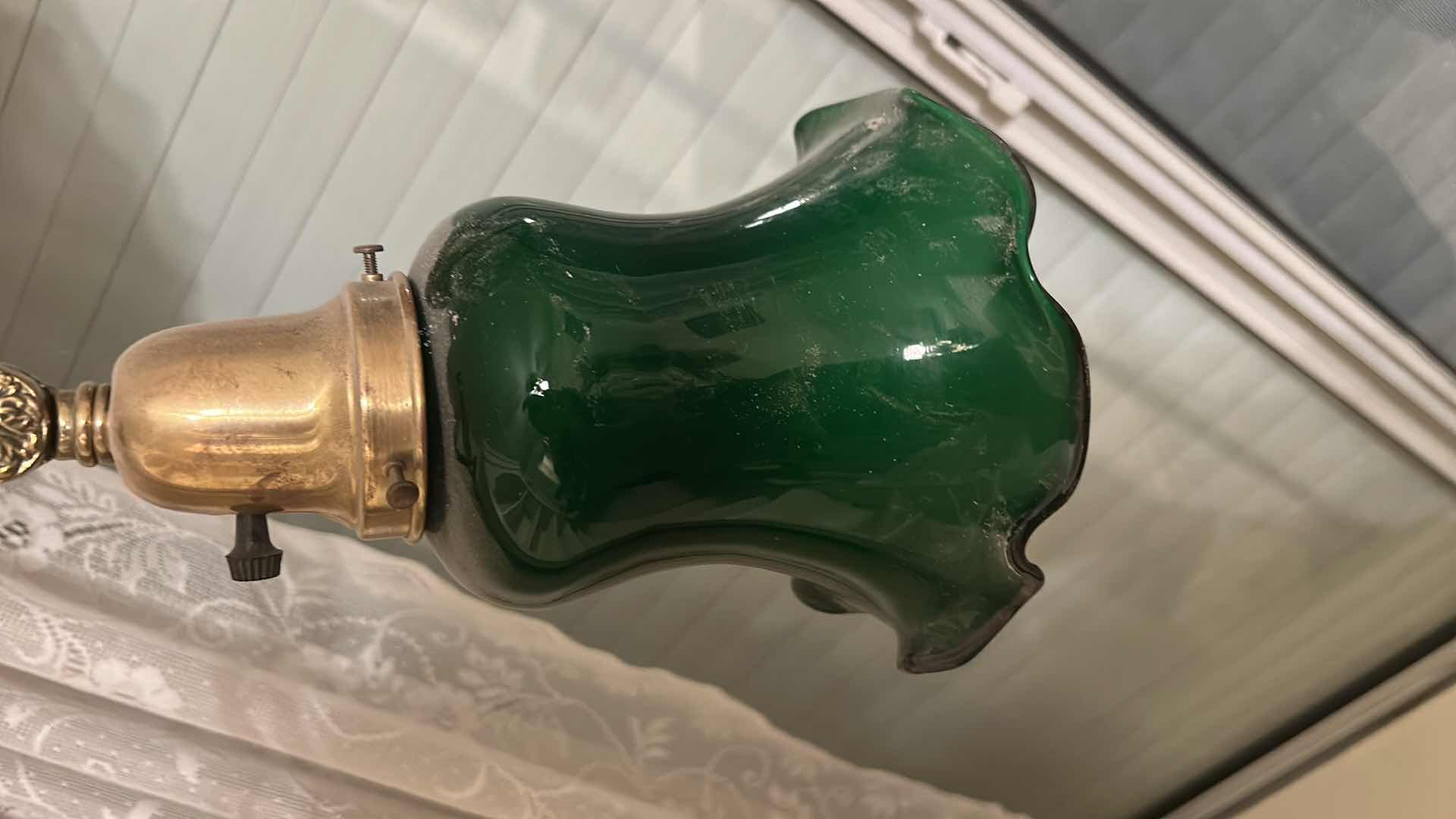 Photo 1 of ANTIQUE HEAVY BRASS LAMP WITH GREEN GLASS SCALLOPED SHADE