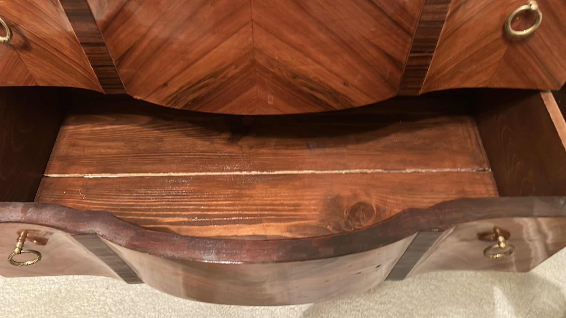 Photo 1 of ANTIQUE LOUIS XV STYLE CHEST OF DRAWERS, SERPENTINE SHAPE AND CABRIOLE LEGS WITH GILDED BRONZE ORNAMENTS  A30 1/2“ x 15“ x H31 1/2“