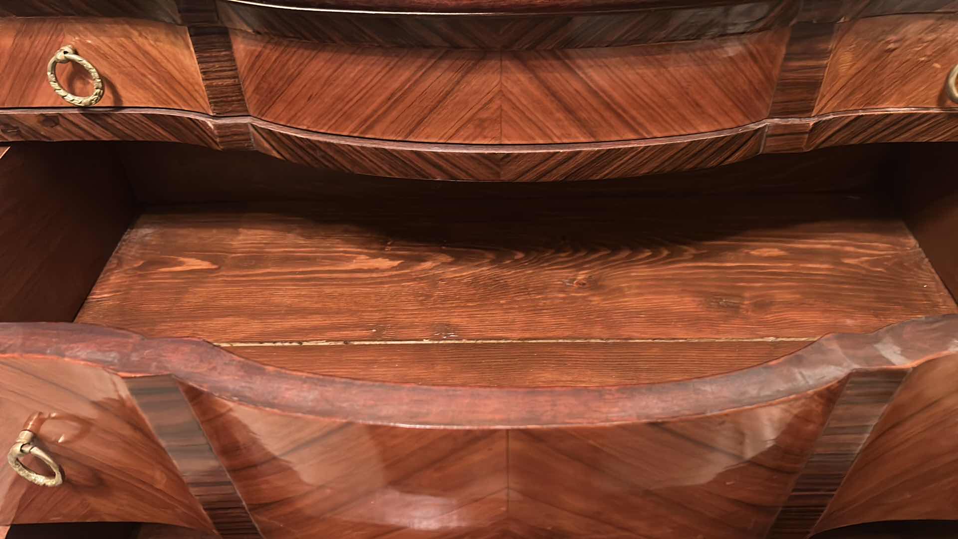 Photo 1 of ANTIQUE LOUIS XV STYLE CHEST OF DRAWERS, SERPENTINE SHAPE AND CABRIOLE LEGS WITH GILDED BRONZE ORNAMENTS  A30 1/2“ x 15“ x H31 1/2“