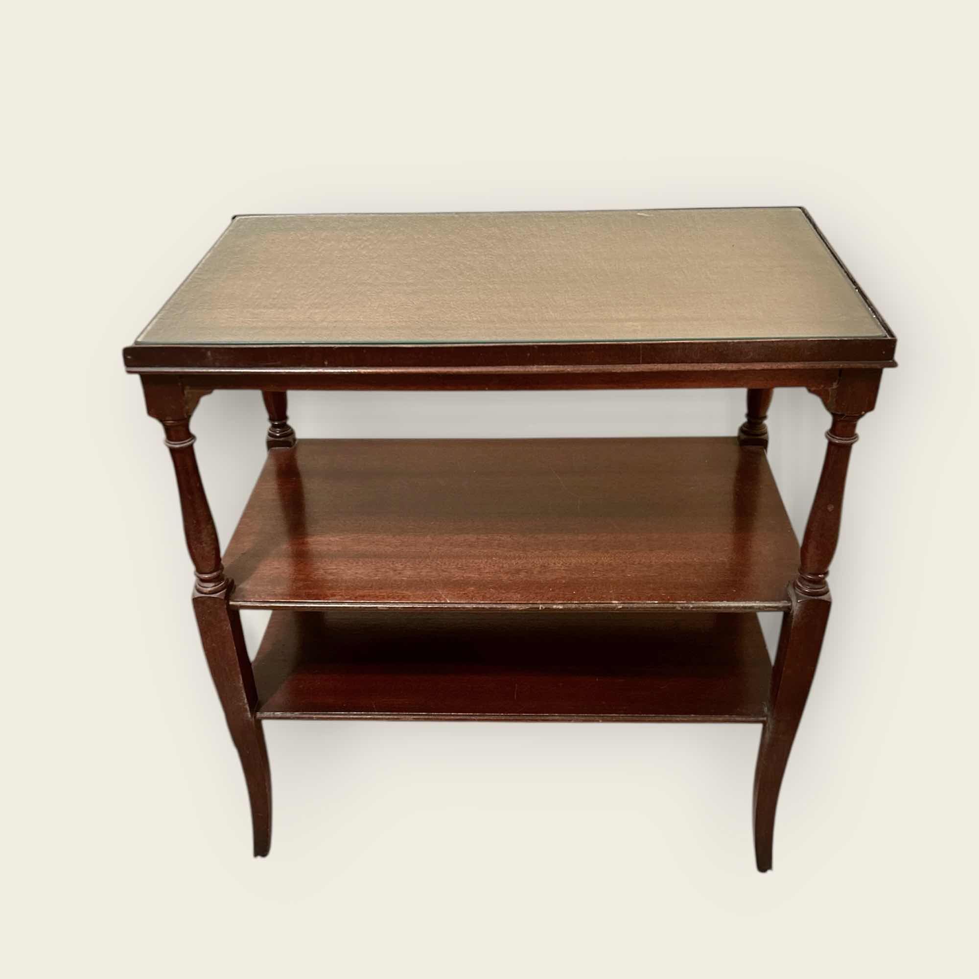 Photo 1 of ANTIQUE CHERRY WOOD SIDE TABLE WITH GLASS TOP 24” x 14” x 25”