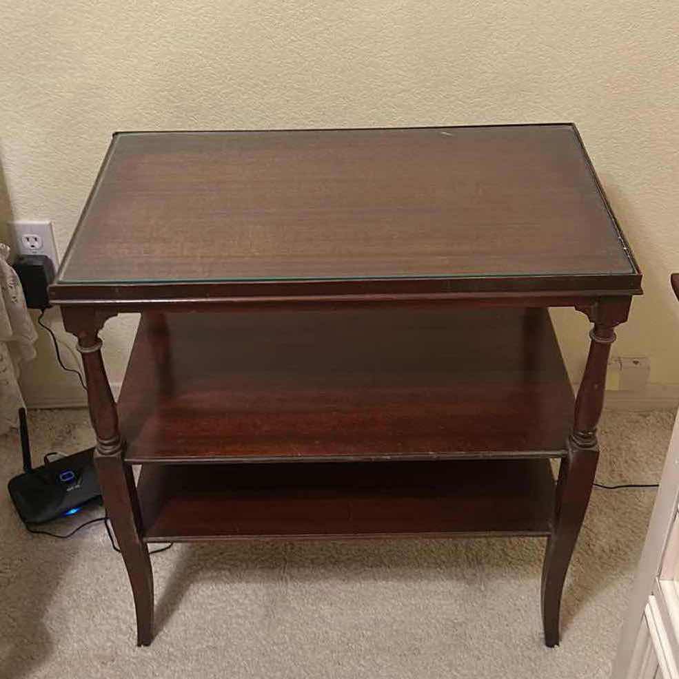 Photo 1 of ANTIQUE CHERRY WOOD SIDE TABLE WITH GLASS TOP 24” x 14” x 25”
