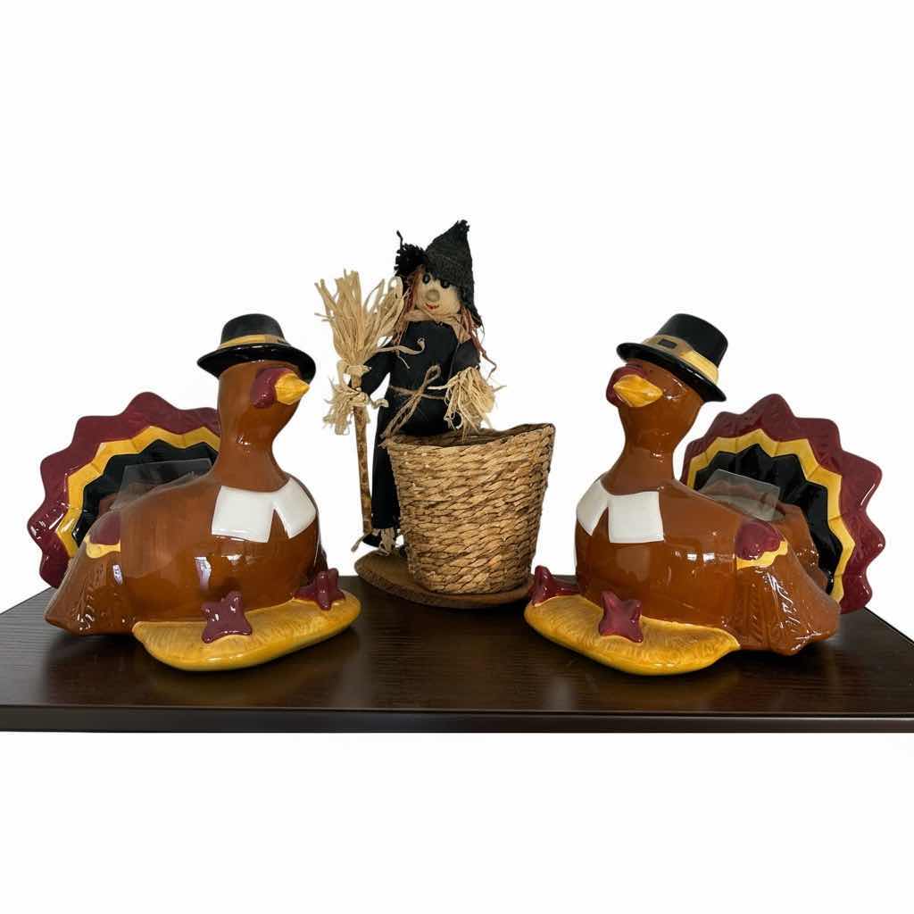 Photo 1 of CERAMIC TURKEY POTS/VASES AND SCARECROW BASKET