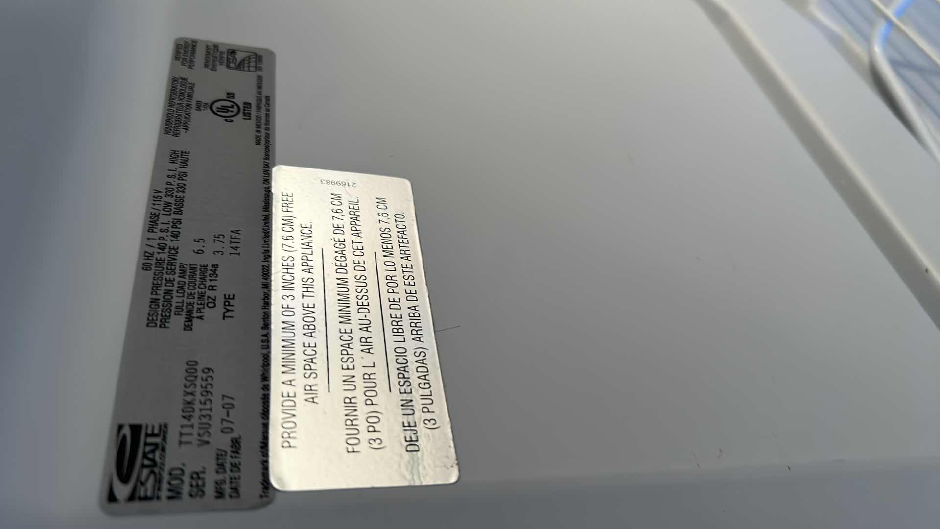 Photo 1 of ESTATE BY WHIRLPOOL REFRIGERATOR FREEZER WHITE CONTENT NOT INCLUDED