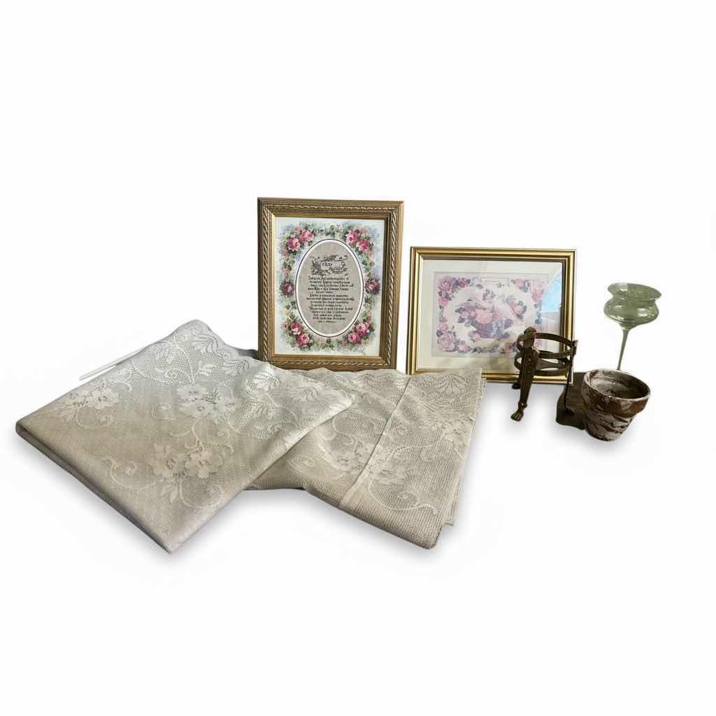 Photo 1 of LACE PANEL, 2 GOLD FRAMED ARTWORK PCS AND HOME DECOR ITEMS