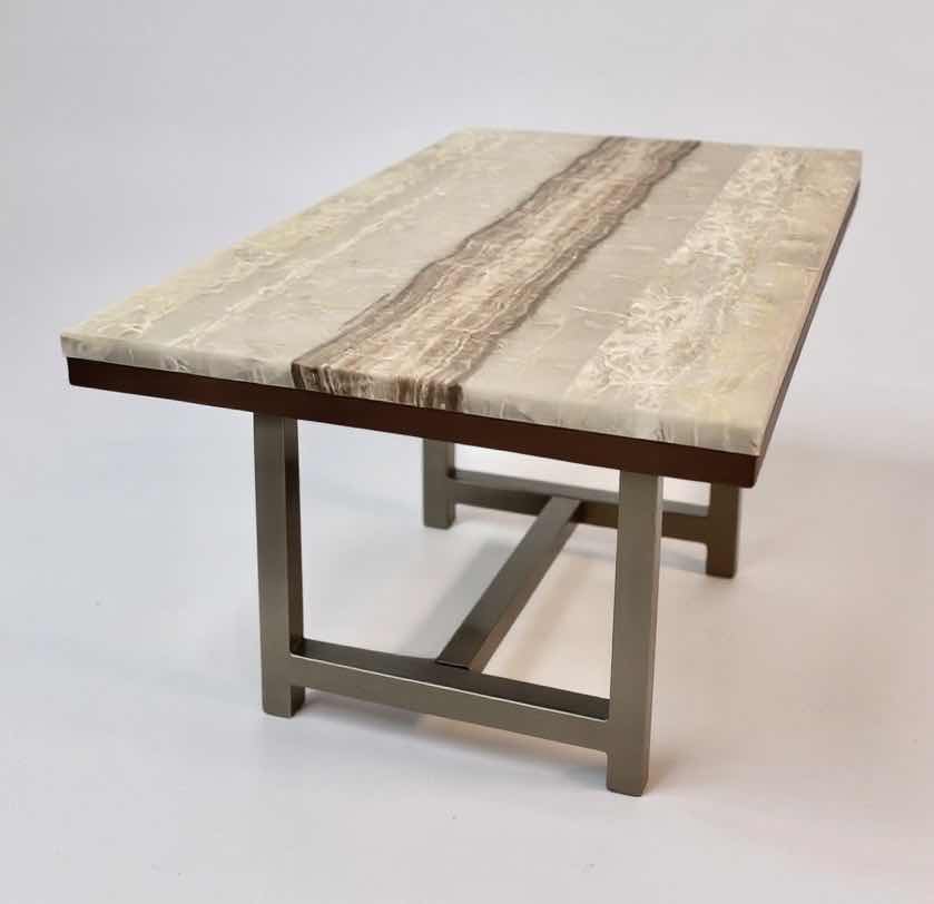 Photo 1 of $2500 FAUX MARBLE TOP WOOD AND  METAL DINING ROOM TABLE 40“ x 6‘ x H30 1/2“