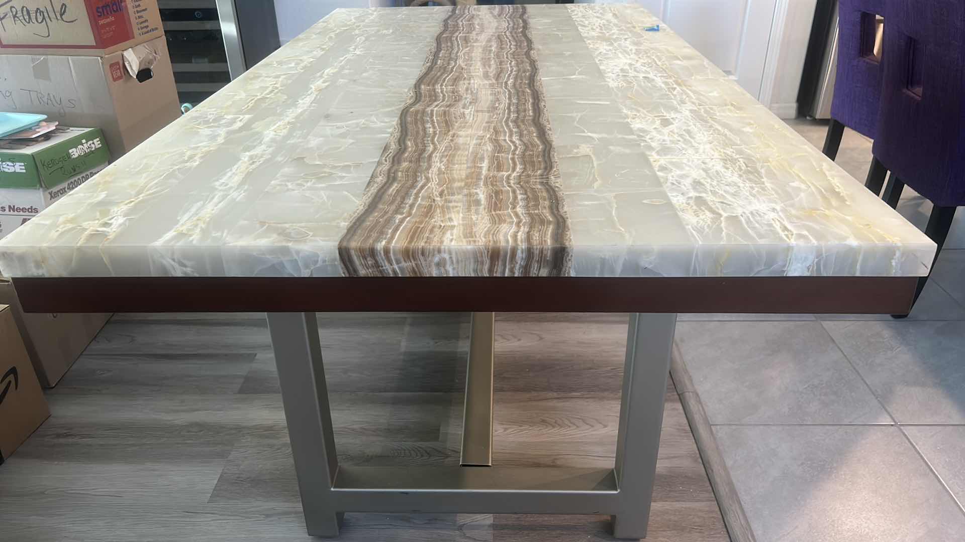 Photo 1 of $2500 FAUX MARBLE TOP WOOD AND  METAL DINING ROOM TABLE 40“ x 6‘ x H30 1/2“
