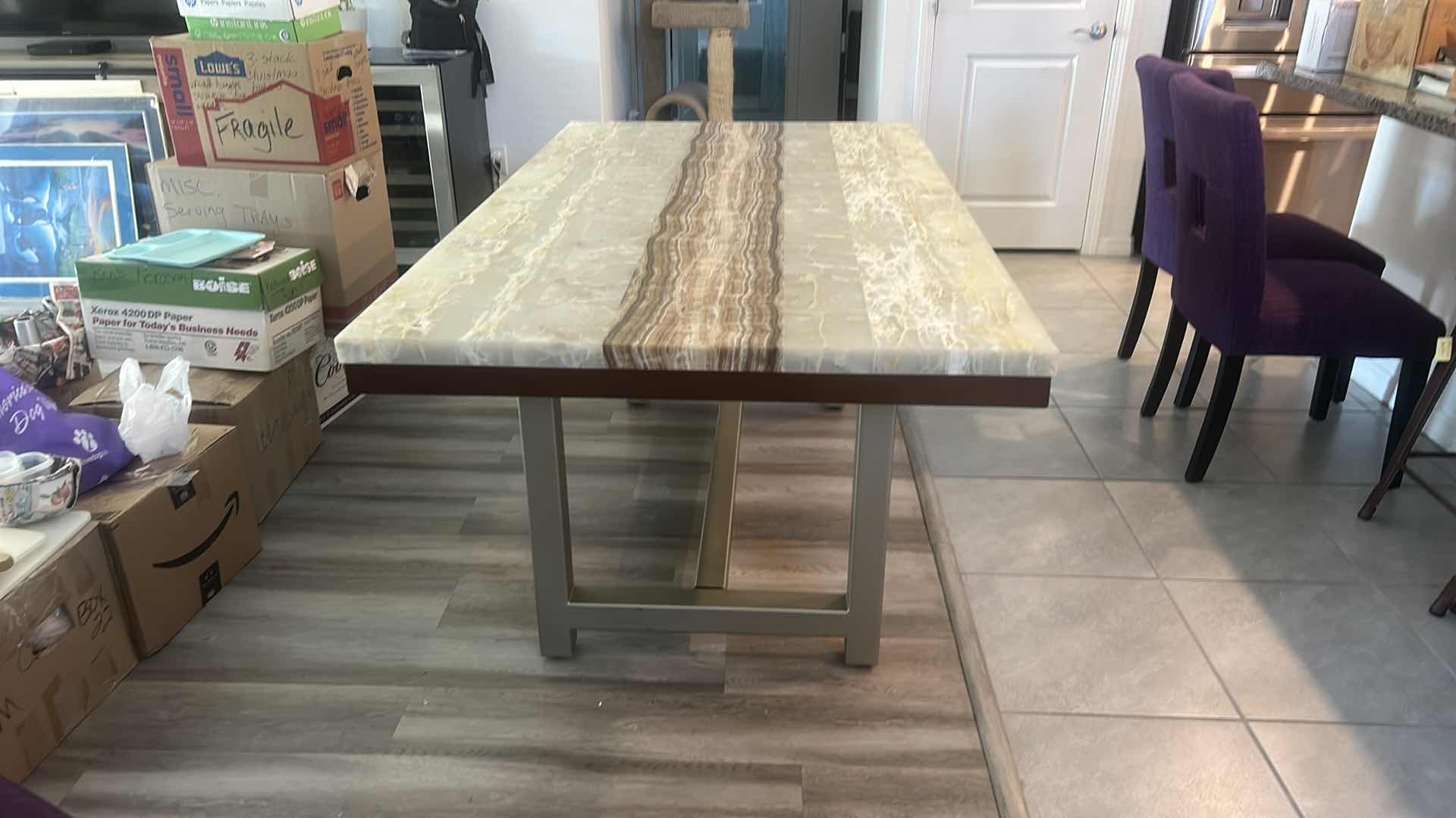 Photo 1 of $2500 FAUX MARBLE TOP WOOD AND  METAL DINING ROOM TABLE 40“ x 6‘ x H30 1/2“