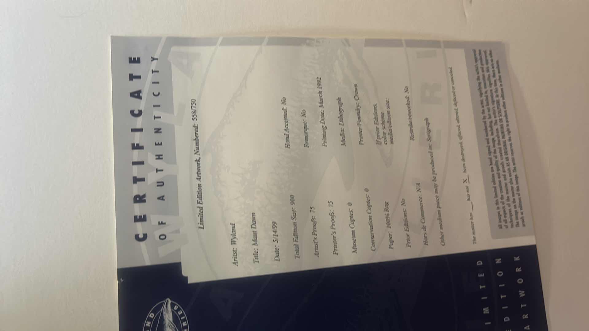 Photo 1 of NUMBERED, SIGNED, LIMITED EDITION ART PRINT TITLED “MAUI DAWN” BY THE ARTIST ROBERT WYLAND. 22 1/2” x H34”