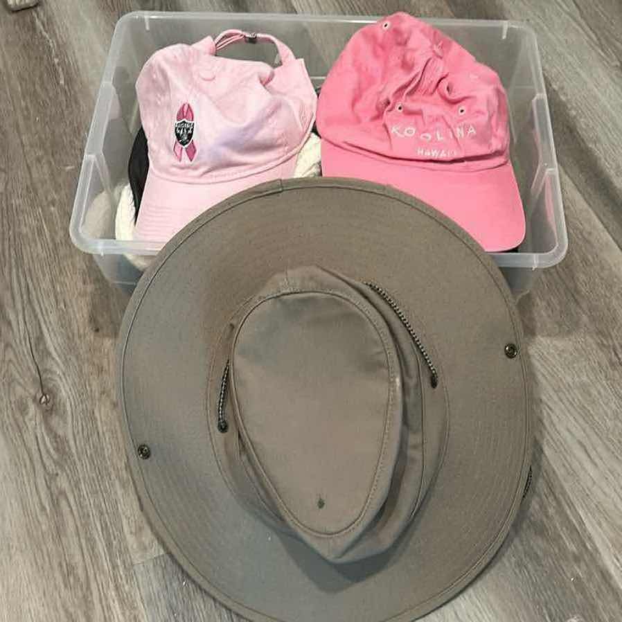 Photo 1 of CONTENTS OF PLASTIC BIN ASSORTED HATS GLOVES BEANIES