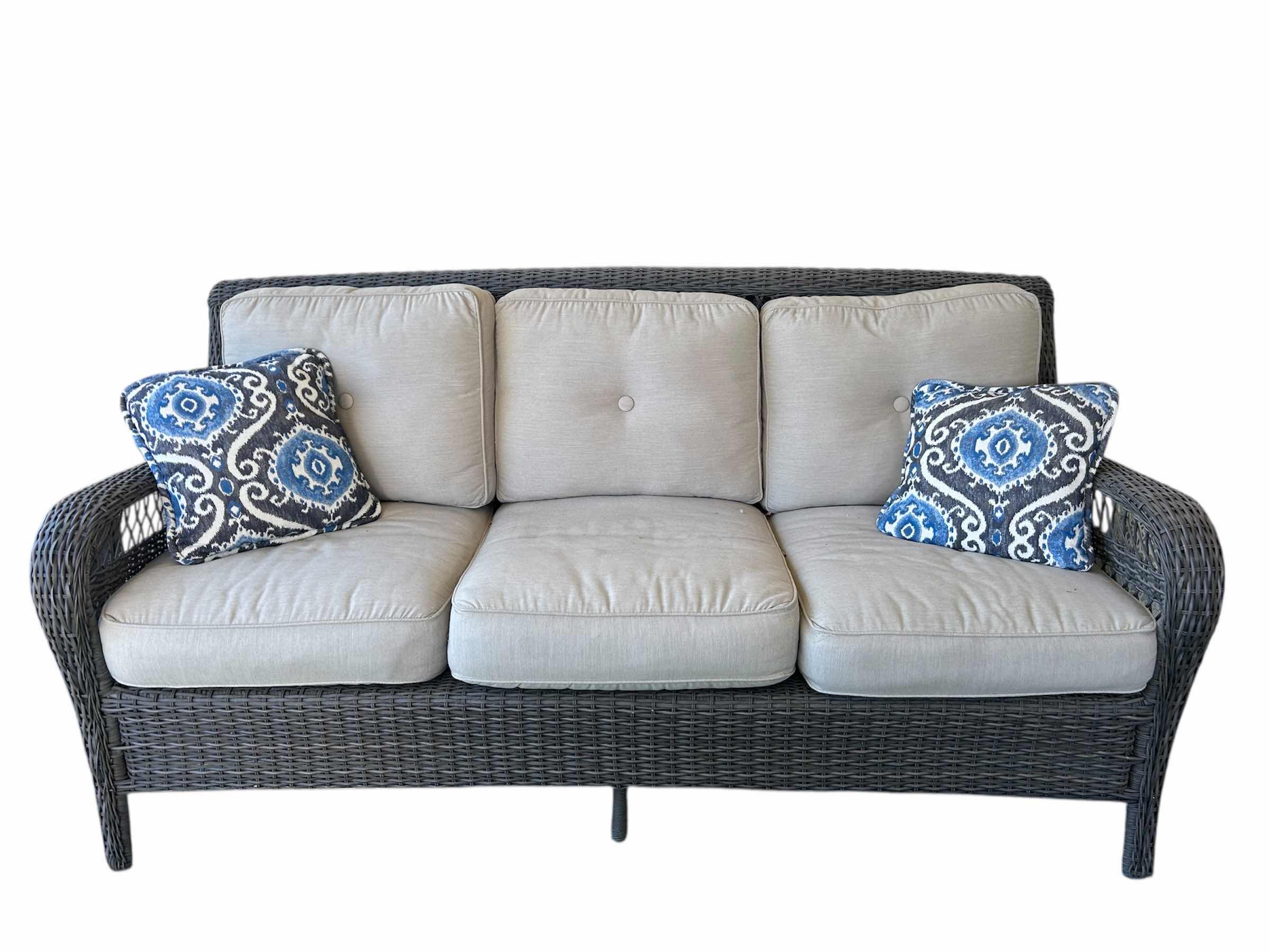 Photo 1 of ALL WEATHER PATIO WICKER SOFA W BEIGE CUSHIONS 76" X 28"