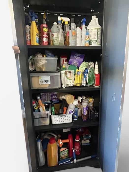 Photo 1 of CLEANING SUPPLIES ON SHELVES IN CABINET