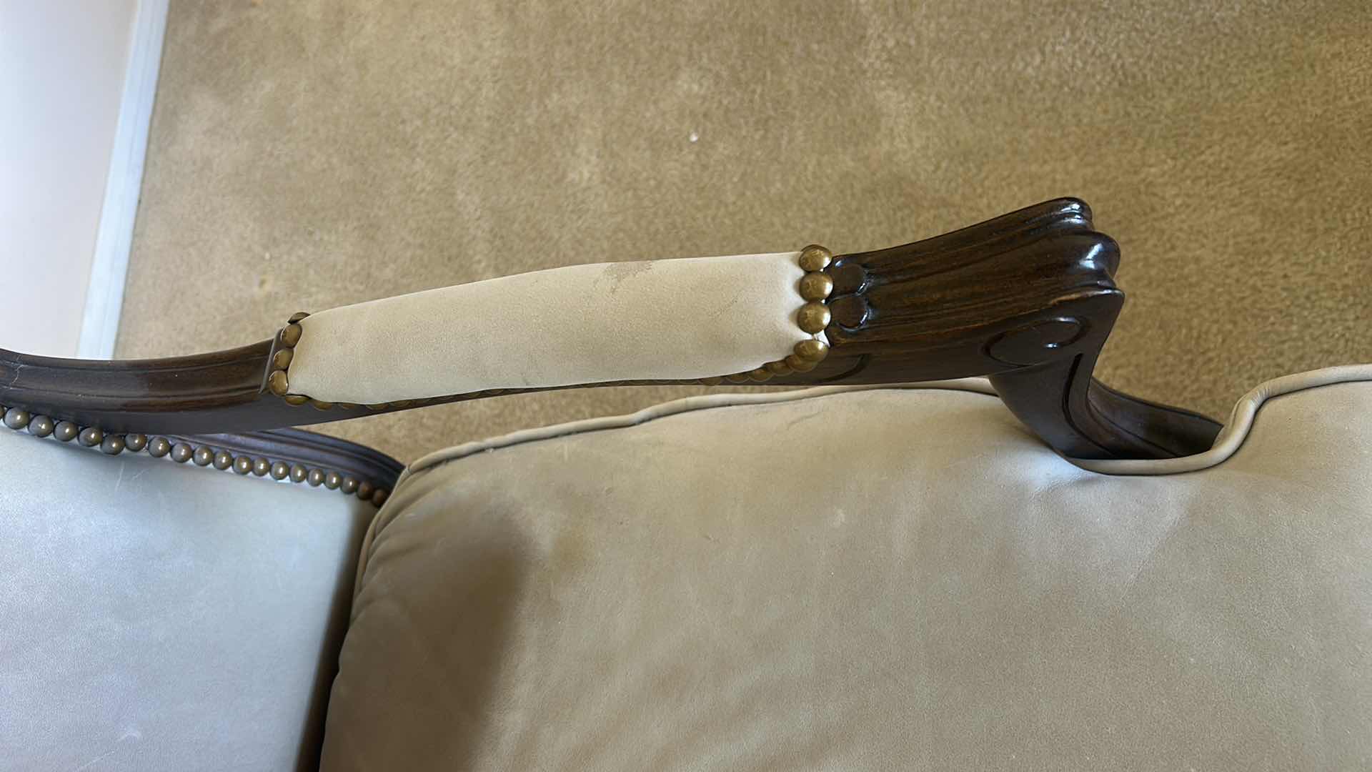 Photo 1 of LOUIS XV-STYLE BERGÈRE CHAIR WITH DARK WOOD FRAME AND LIGHT-COLORED LEATHER OR SUEDE UPHOLSTERY. 31“ x 29“ x H35“