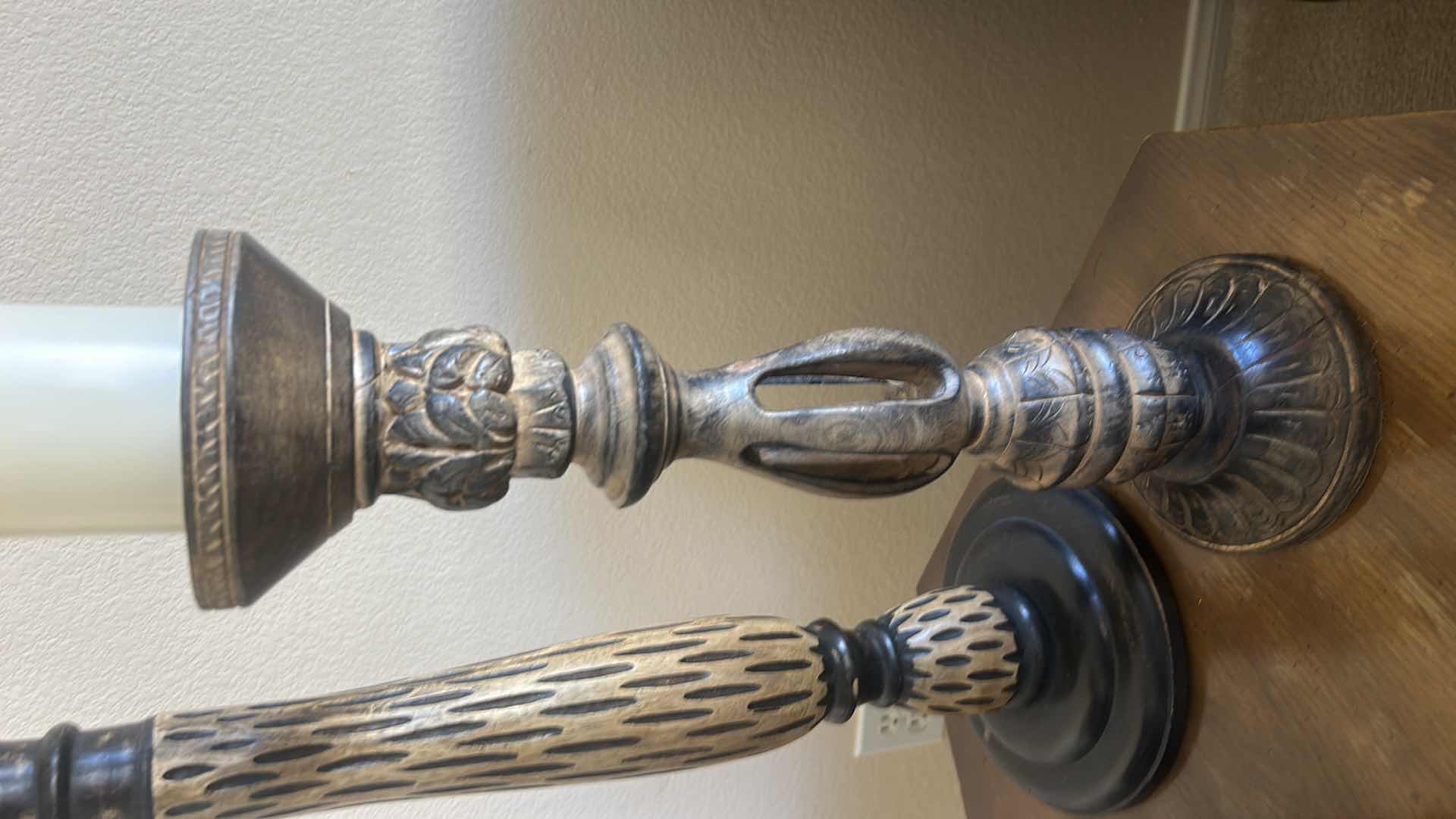 Photo 1 of SET OF THREE DECORATIVE CANDLE HOLDERS IN VARIED HEIGHTS. CARVED WOOD  WITH A DISTRESSED FINISH. (TALLEST H25 1/2”)