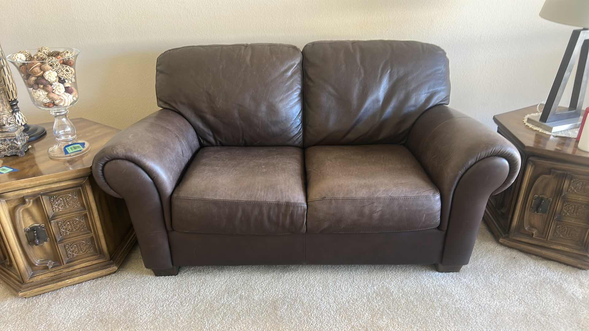 Photo 1 of 65” BROWN  LEATHER LOOK LOVESEAT