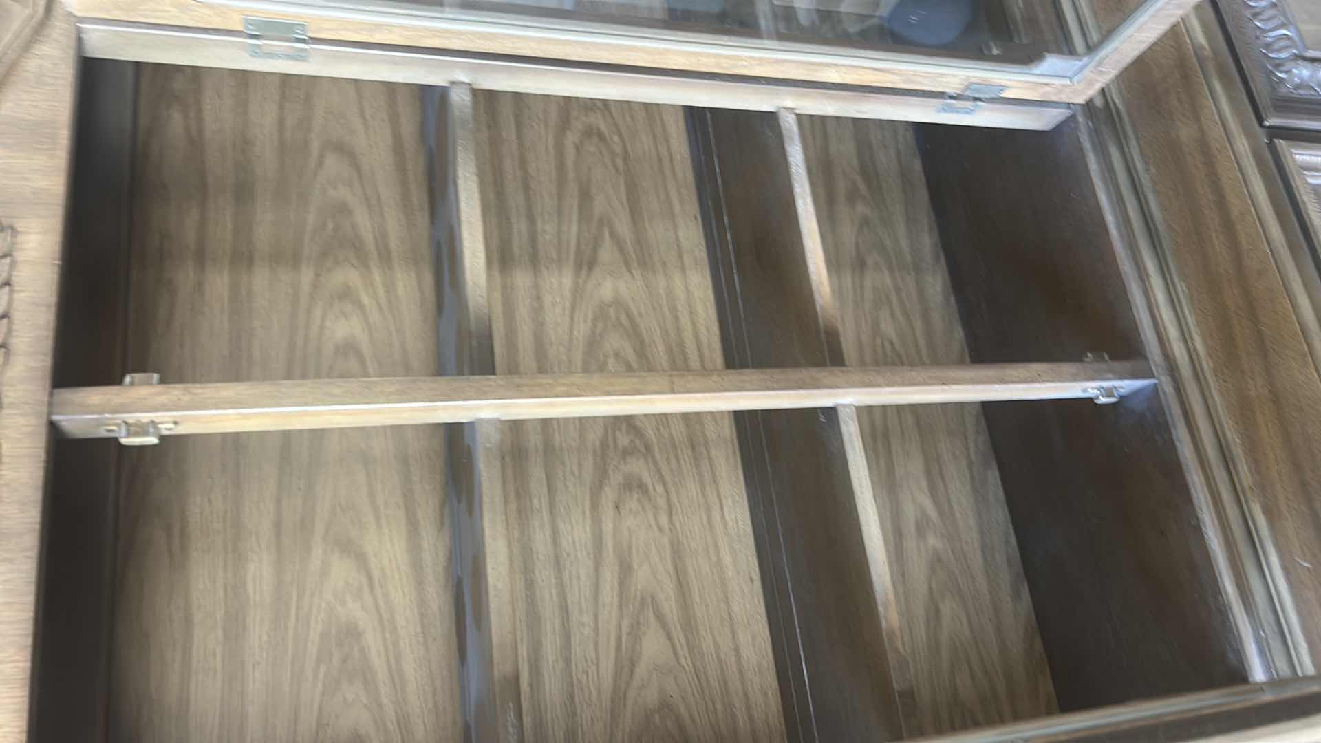 Photo 1 of 2 PC VINTAGE TRADITIONAL WOOD CHINA CABINET OR HUTCH WITH GLASS DOORS AND TONGUE AND GROOVE DRAWERS.  62 1/2“ x 18“ x H6‘