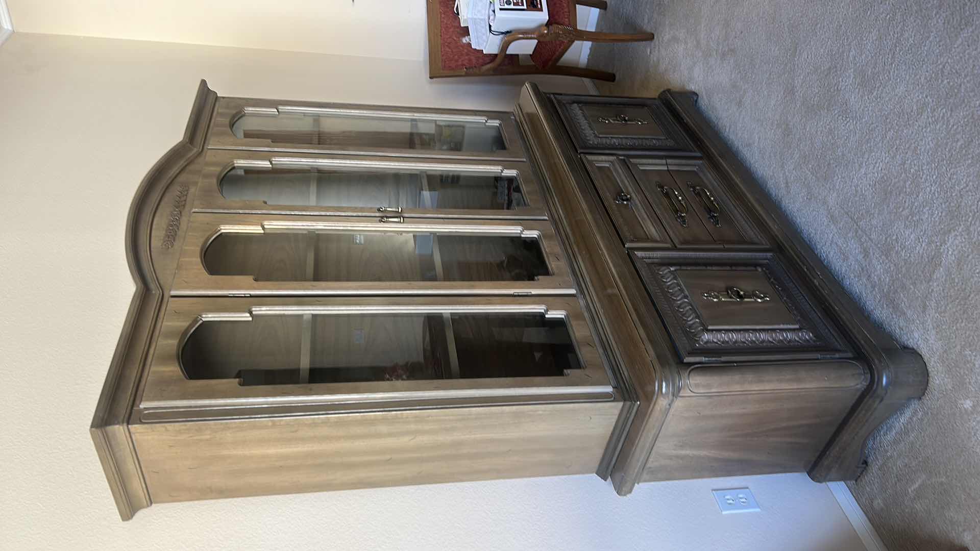 Photo 1 of 2 PC VINTAGE TRADITIONAL WOOD CHINA CABINET OR HUTCH WITH GLASS DOORS AND TONGUE AND GROOVE DRAWERS.  62 1/2“ x 18“ x H6‘