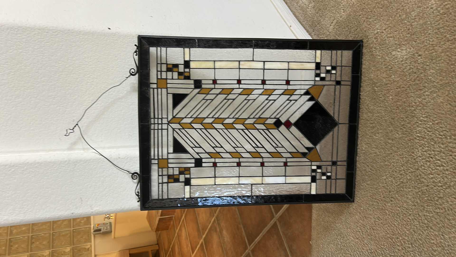Photo 1 of FRANK LLOYD WRIGHT AUTUMN SUMAC STAINED GLASS PANEL OR SUNCATCHER. REPRODUCTION OF AN ORIGINAL WINDOW DESIGN. MADE WITH HEAVY METAL AND GLASS. 18 1/4“ x H24“