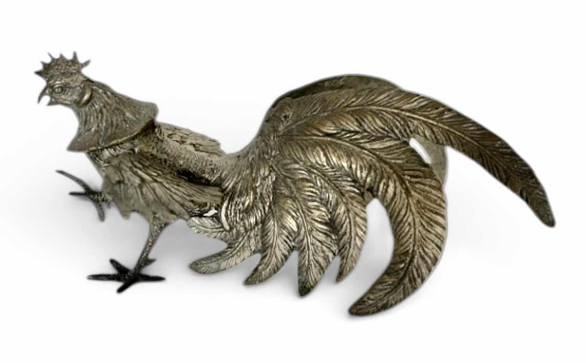 Photo 1 of DECORATIVE METAL ROOSTER FIGURINE WITH DETAILED FEATHER DESIGN. 9” x H4 1/2”