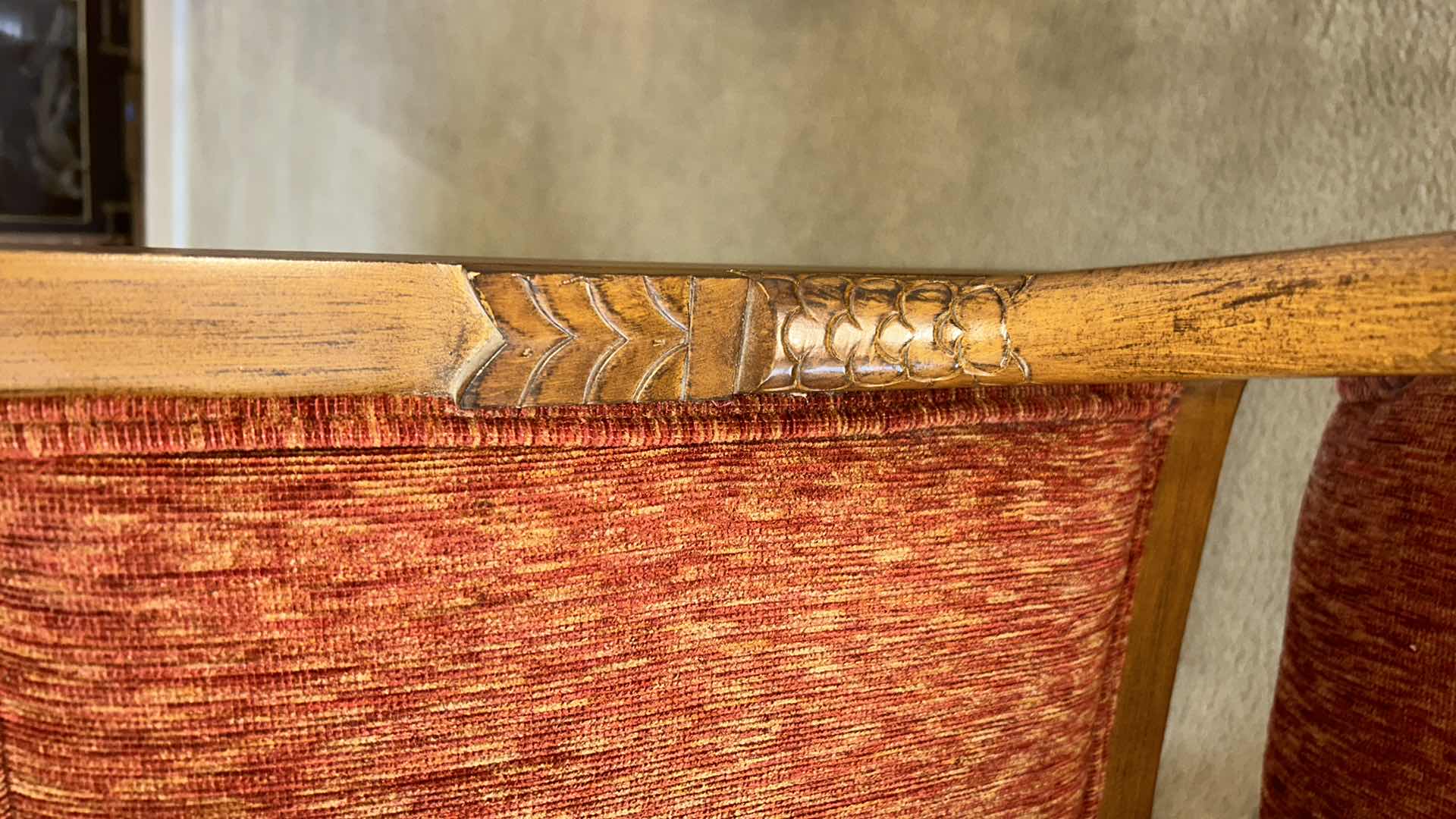 Photo 1 of SET OF TWO WOODEN ARMCHAIRS WITH UPHOLSTERED SEATS AND BACKS. FEATURES CURVED WOOD ARMS AND LEGS WITH RED FABRIC CUSHIONS. CLASSIC SIDE OR DINING CHAIRS.