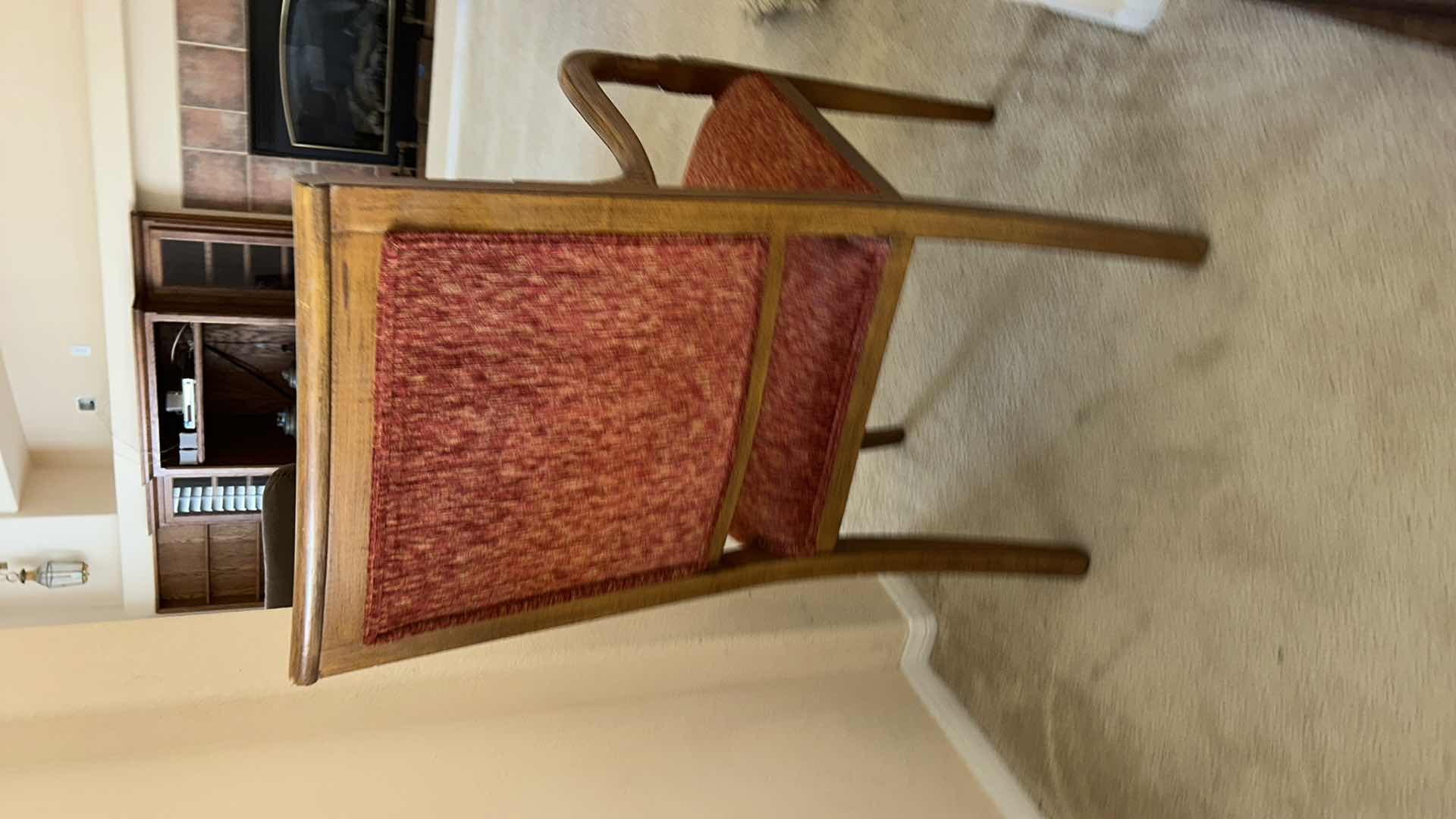 Photo 1 of SET OF TWO WOODEN ARMCHAIRS WITH UPHOLSTERED SEATS AND BACKS. FEATURES CURVED WOOD ARMS AND LEGS WITH RED FABRIC CUSHIONS. CLASSIC SIDE OR DINING CHAIRS.