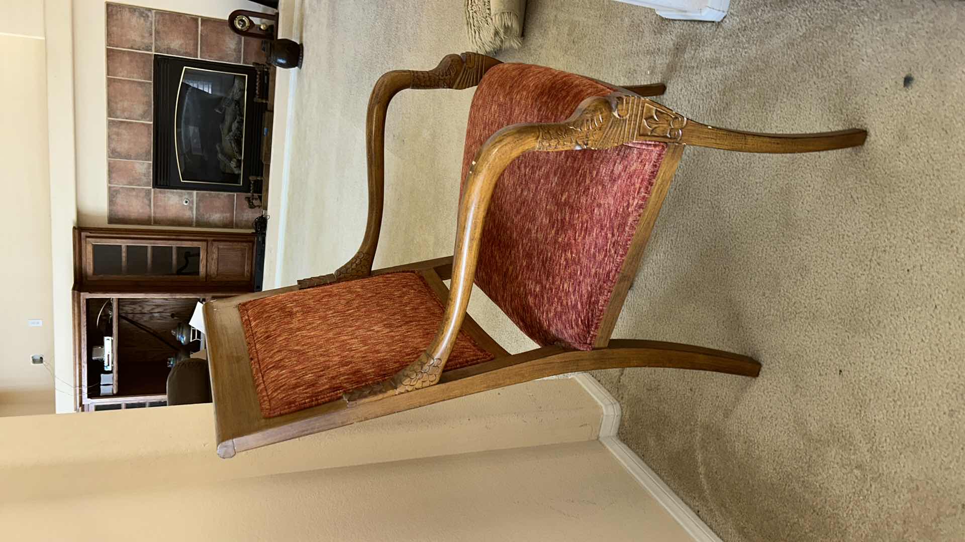 Photo 1 of SET OF TWO WOODEN ARMCHAIRS WITH UPHOLSTERED SEATS AND BACKS. FEATURES CURVED WOOD ARMS AND LEGS WITH RED FABRIC CUSHIONS. CLASSIC SIDE OR DINING CHAIRS.