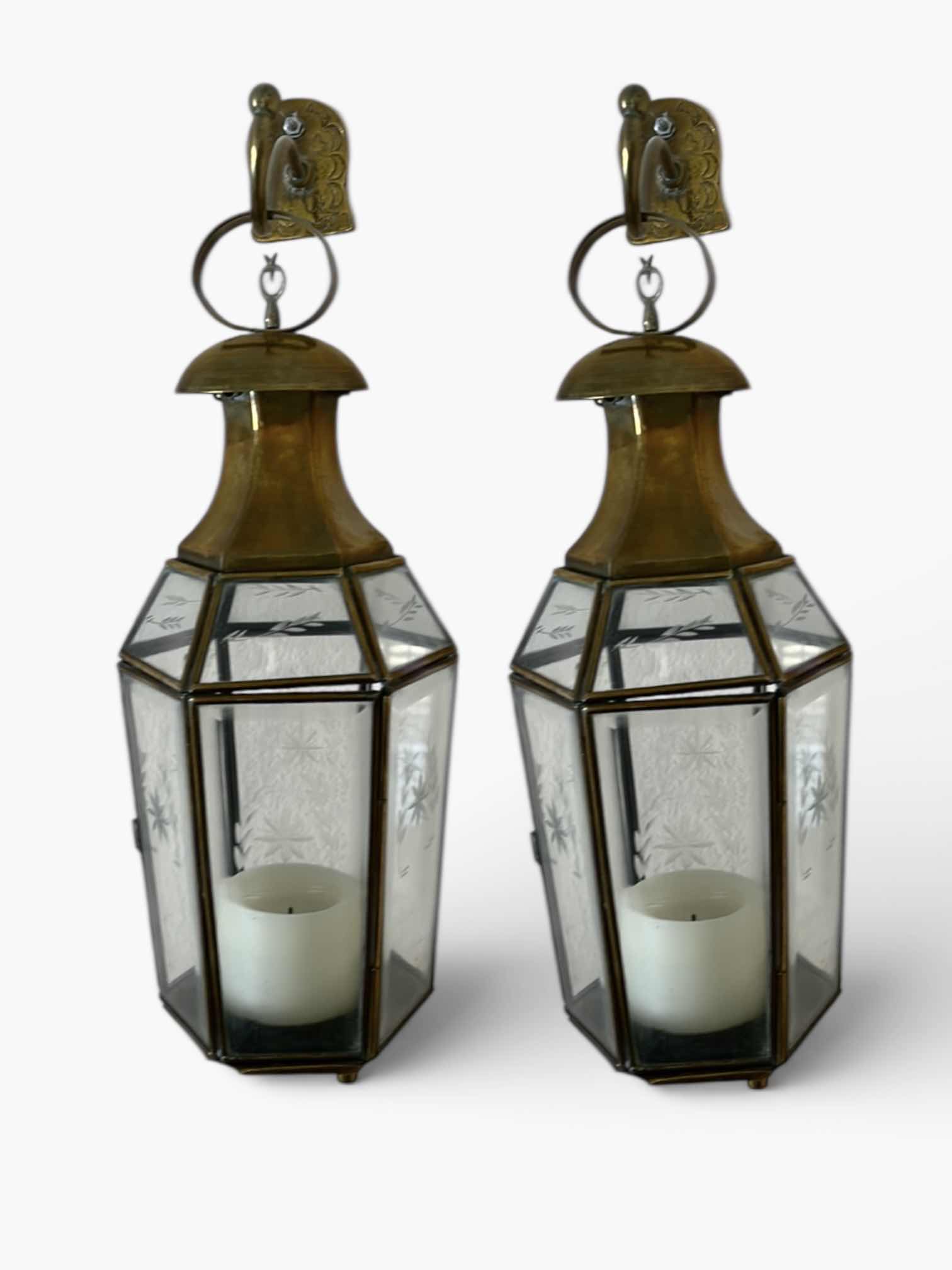 Photo 1 of 2 VINTAGE STYLE WALL-MOUNTED BRASS AND GLASS LANTERN. FEATURES ETCHED GLASS PANELS. (H20” FROM WALL HOOK TO BOTTOM)