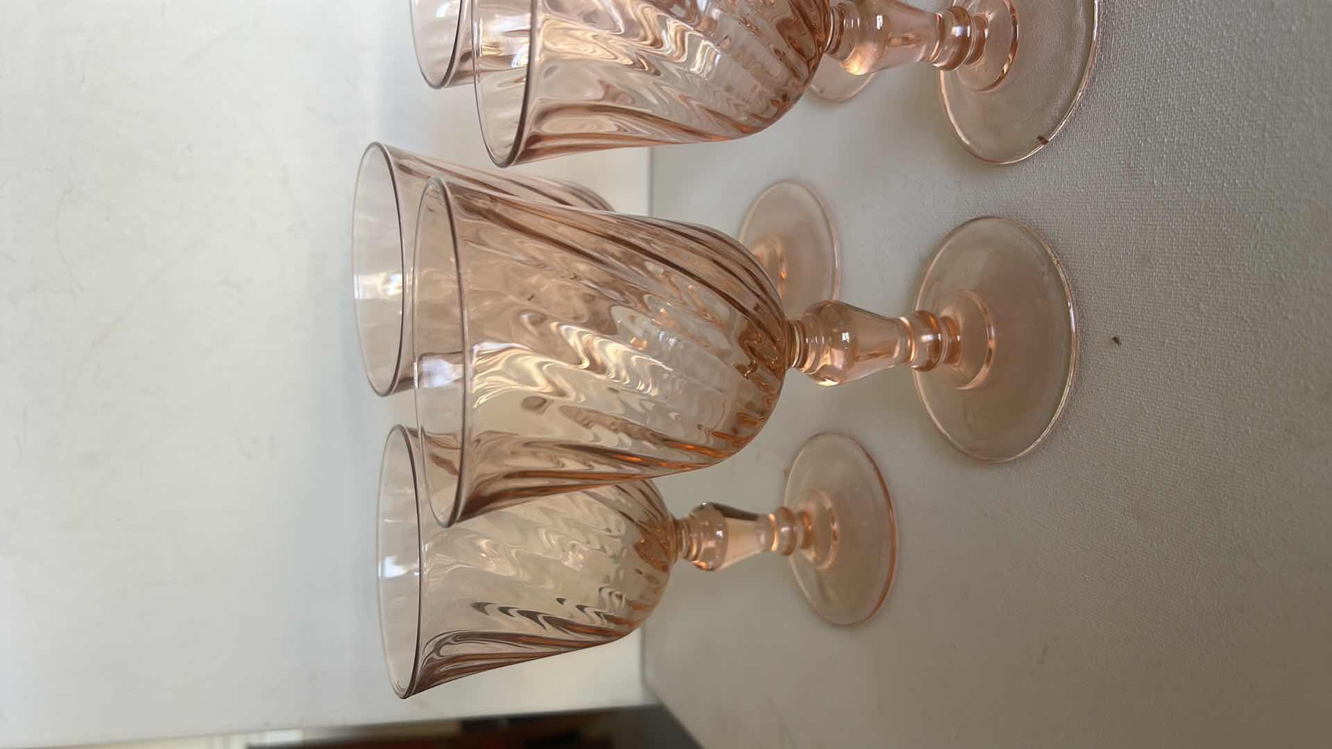 Photo 1 of 6 VINTAGE ARCOROC LUMINARC ROSALINE PINK SWIRL OPTIC GLASS WATER/WINE GOBLETS.