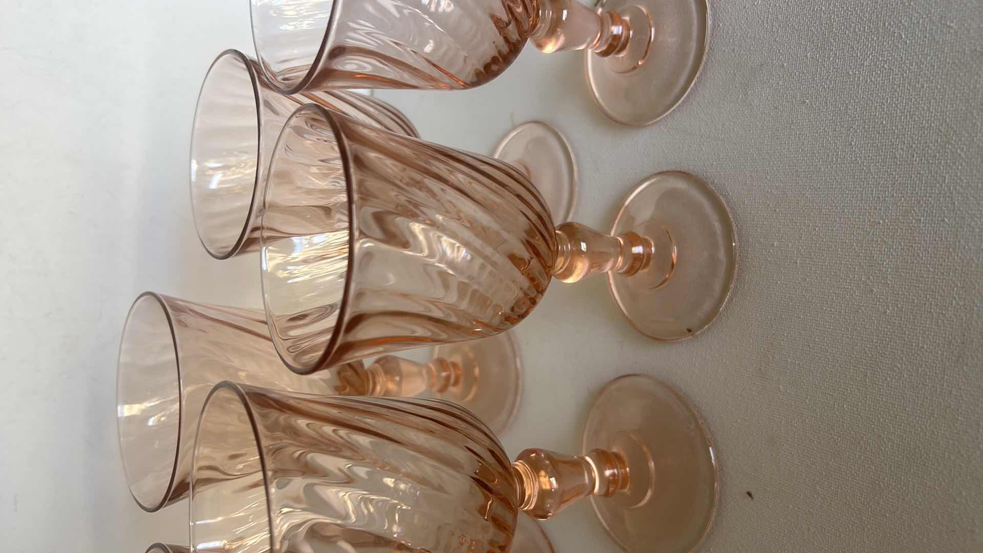 Photo 1 of 6 VINTAGE ARCOROC LUMINARC ROSALINE PINK SWIRL OPTIC GLASS WATER/WINE GOBLETS.