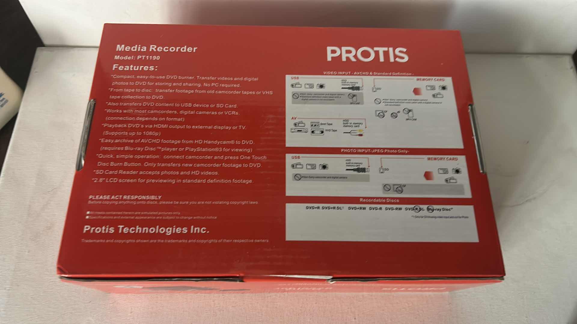 Photo 1 of PROTIS MEDIA RECORDER, MODEL PT1190, IN ORIGINAL BOX.
