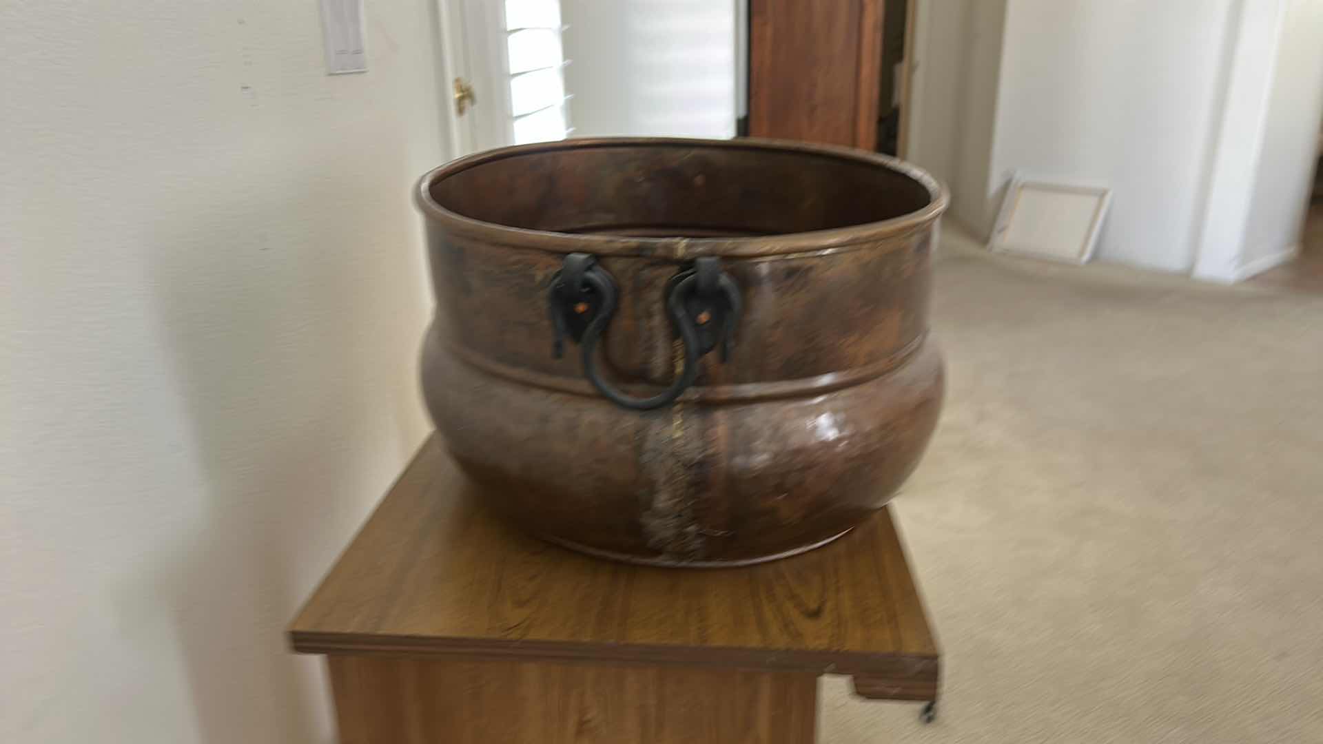 Photo 1 of COPPER CAULDRON OR WASH POT WITH SIDE HANDLES. H 22” x 17” x H10”