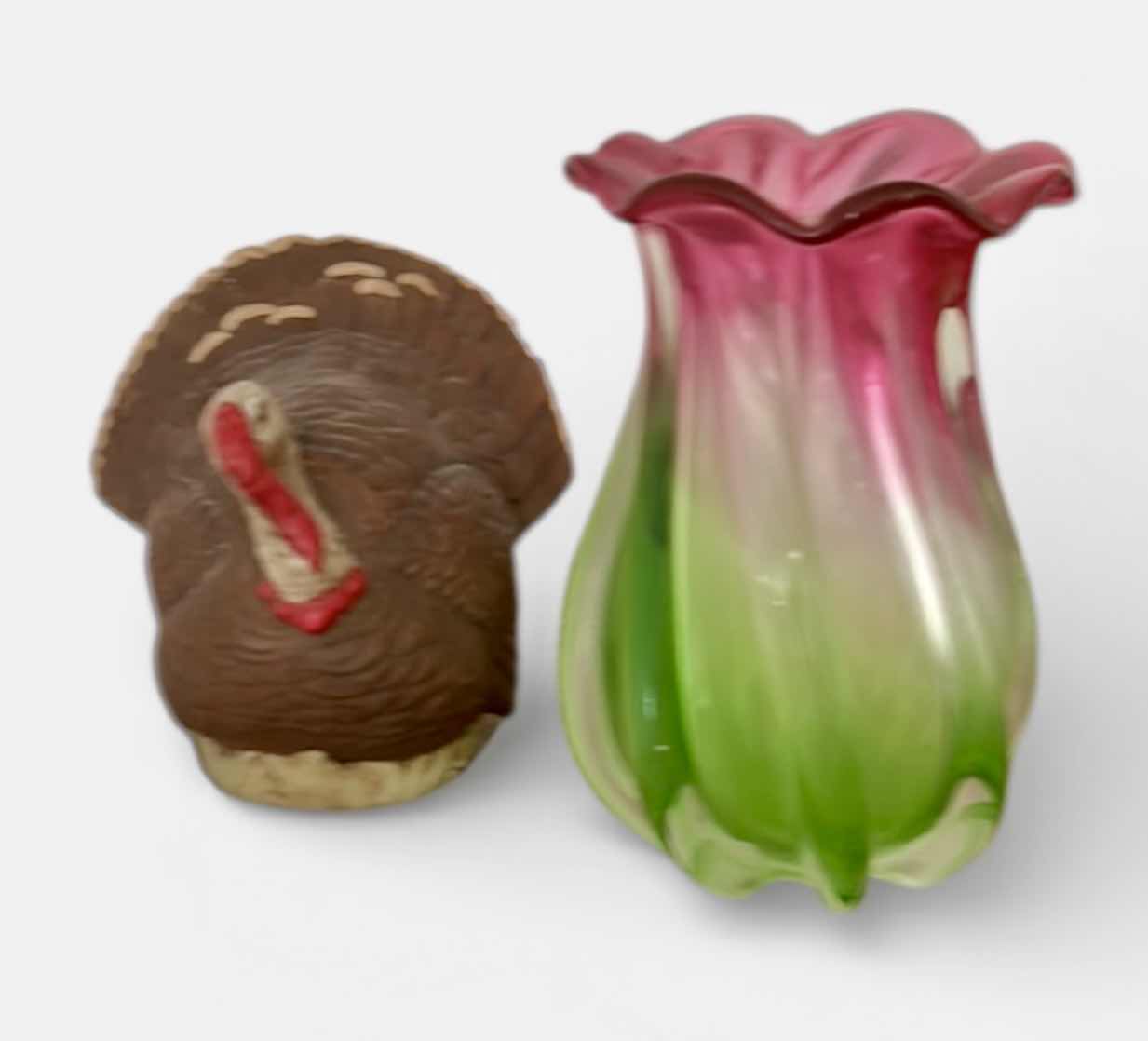 Photo 1 of COLORFUL GLASS VASE AND SIGNED CERAMIC TURKEY (TALLEST H7 1/2”