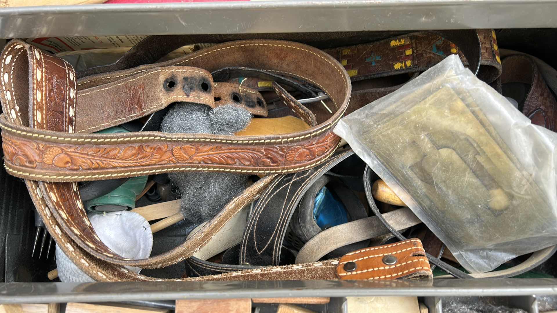 Photo 1 of METAL BOX WITH LEATHER CRAFTING SUPPLIES