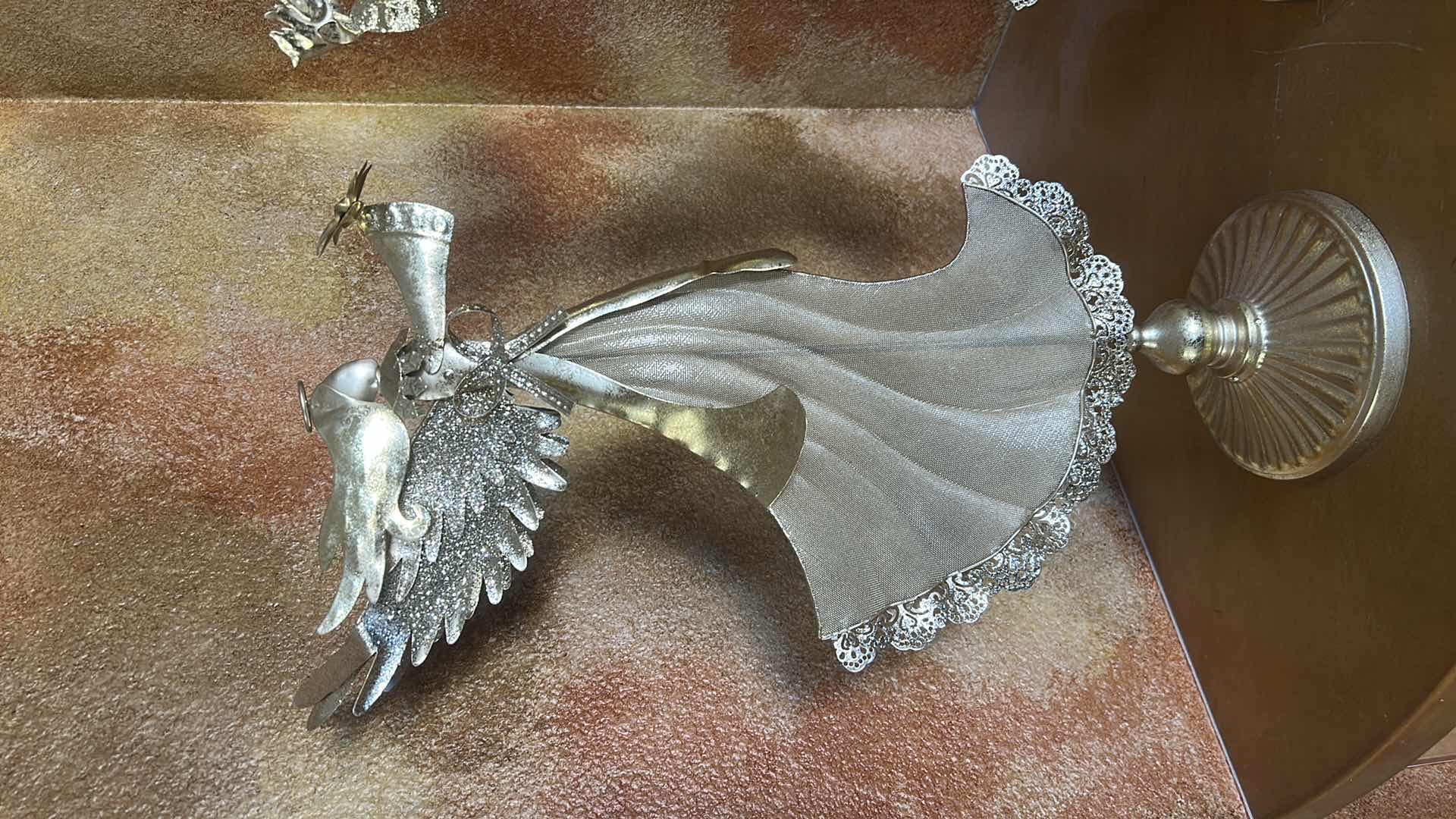 Photo 1 of 2 GOLD LIGHTWEIGHT TIN ANGEL FIGURES ON STAND H22”