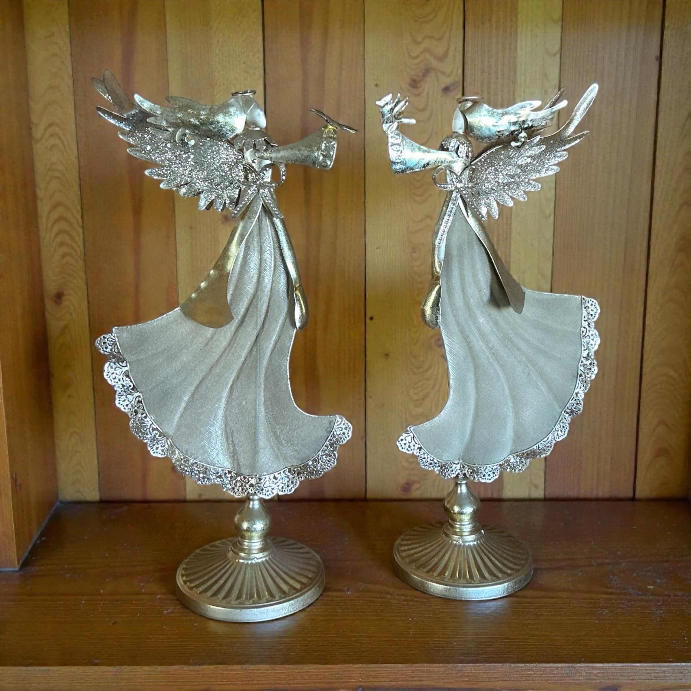 Photo 1 of 2 GOLD LIGHTWEIGHT TIN ANGEL FIGURES ON STAND H22”