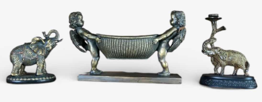 Photo 1 of 3 PC HOME DECOR - 2 CERAMIC, & 1 METAL ELEPHANT CANDLE HOLDER H8”