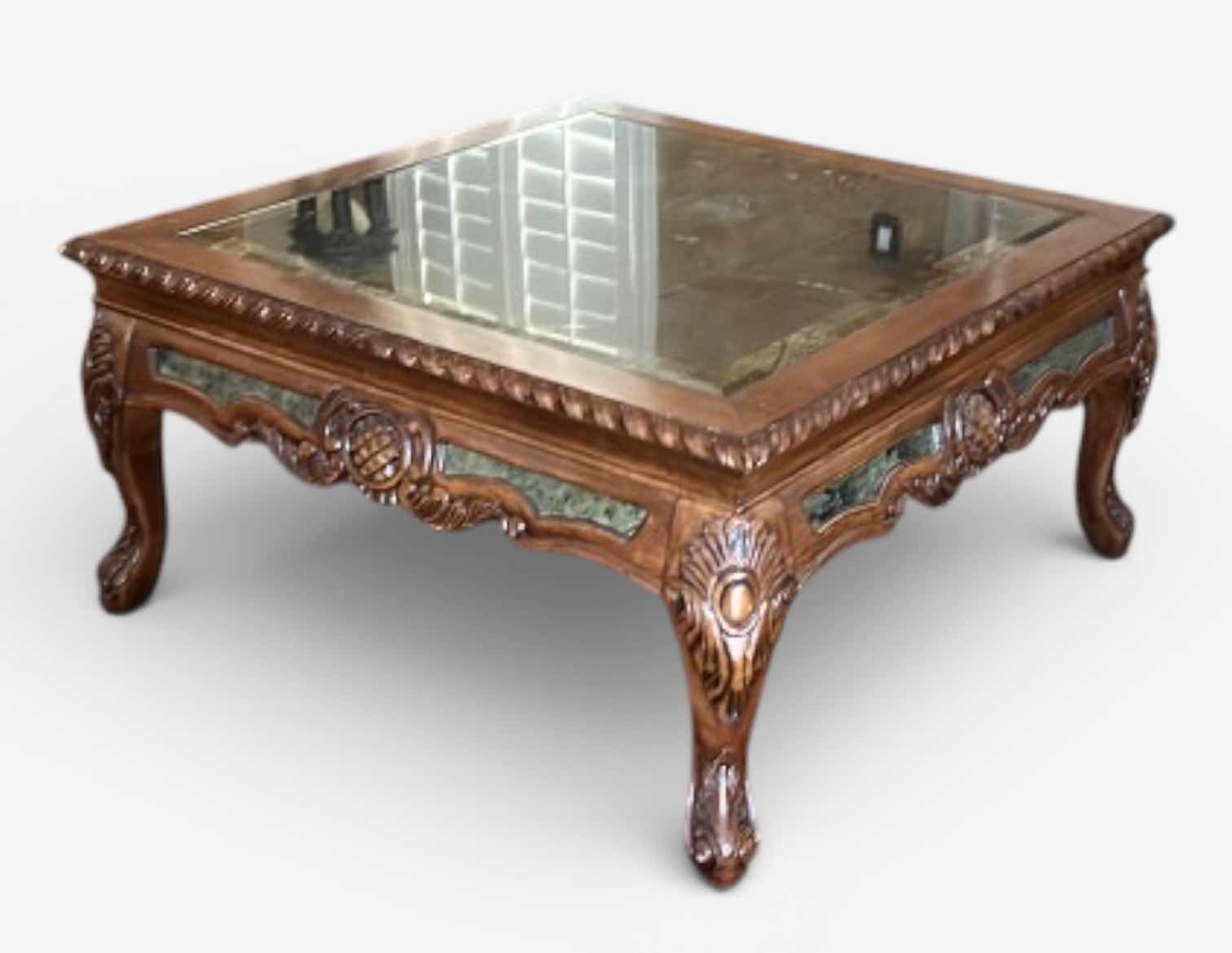Photo 1 of VINTAGE SQUARE COFFEE TABLE FEATURING A CARVED WOODEN FRAME WITH CABRIOLE LEGS AND A MARBLE TOP. 40” x H20”