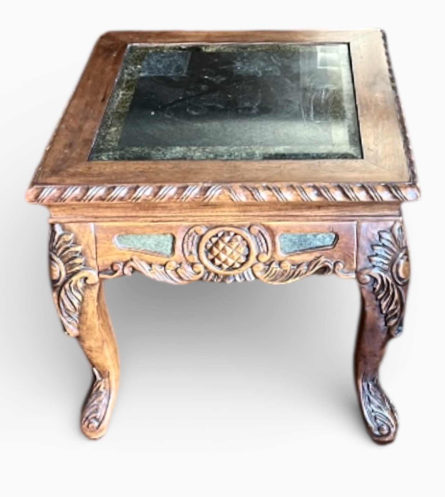 Photo 1 of VINTAGE END TABLE FEATURING A CARVED WOODEN FRAME WITH CABRIOLE LEGS AND A MARBLE TOP. 26“ x H25“