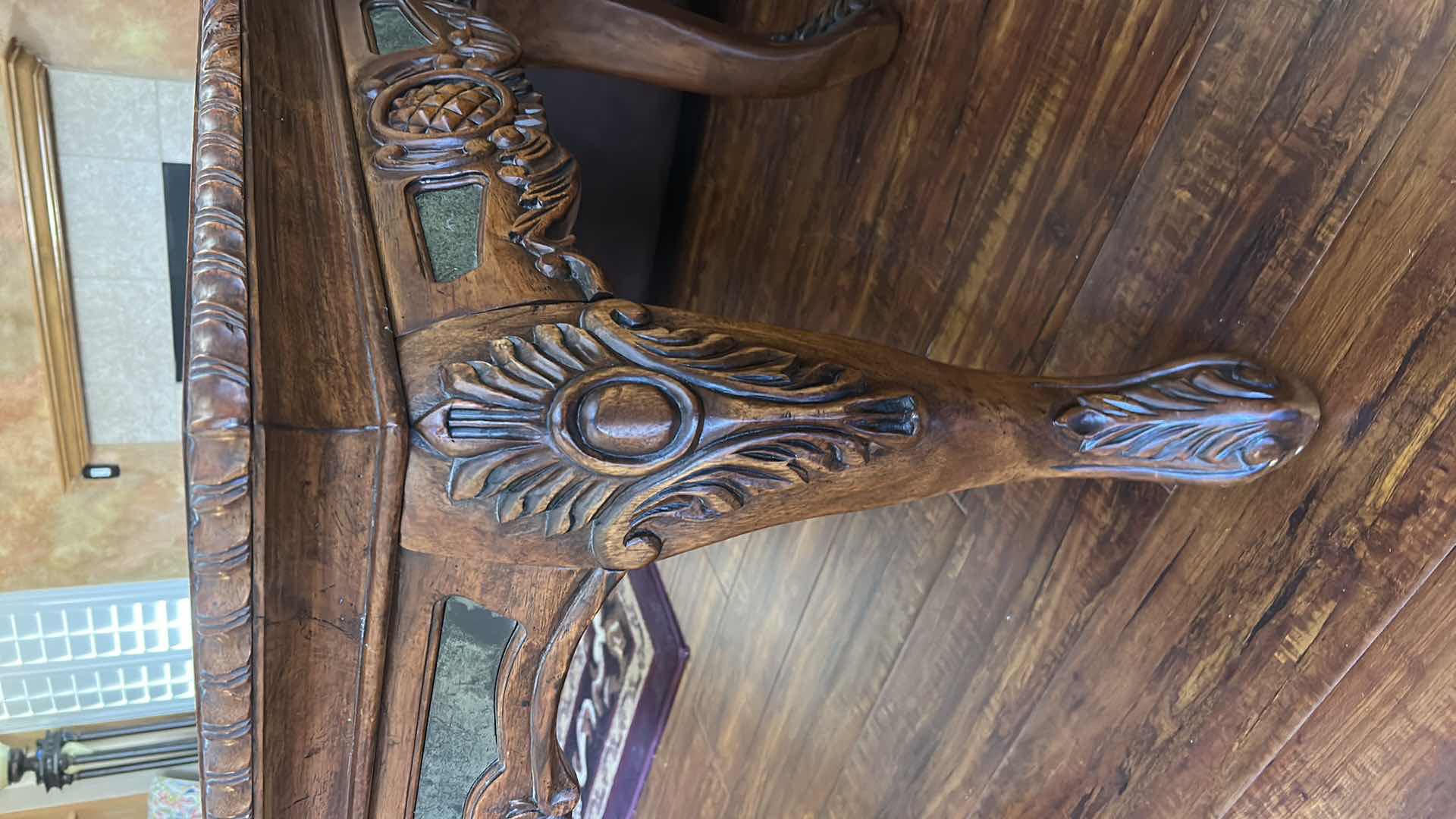 Photo 1 of VINTAGE END TABLE FEATURING A CARVED WOODEN FRAME WITH CABRIOLE LEGS AND A MARBLE TOP. 26“ x H25“