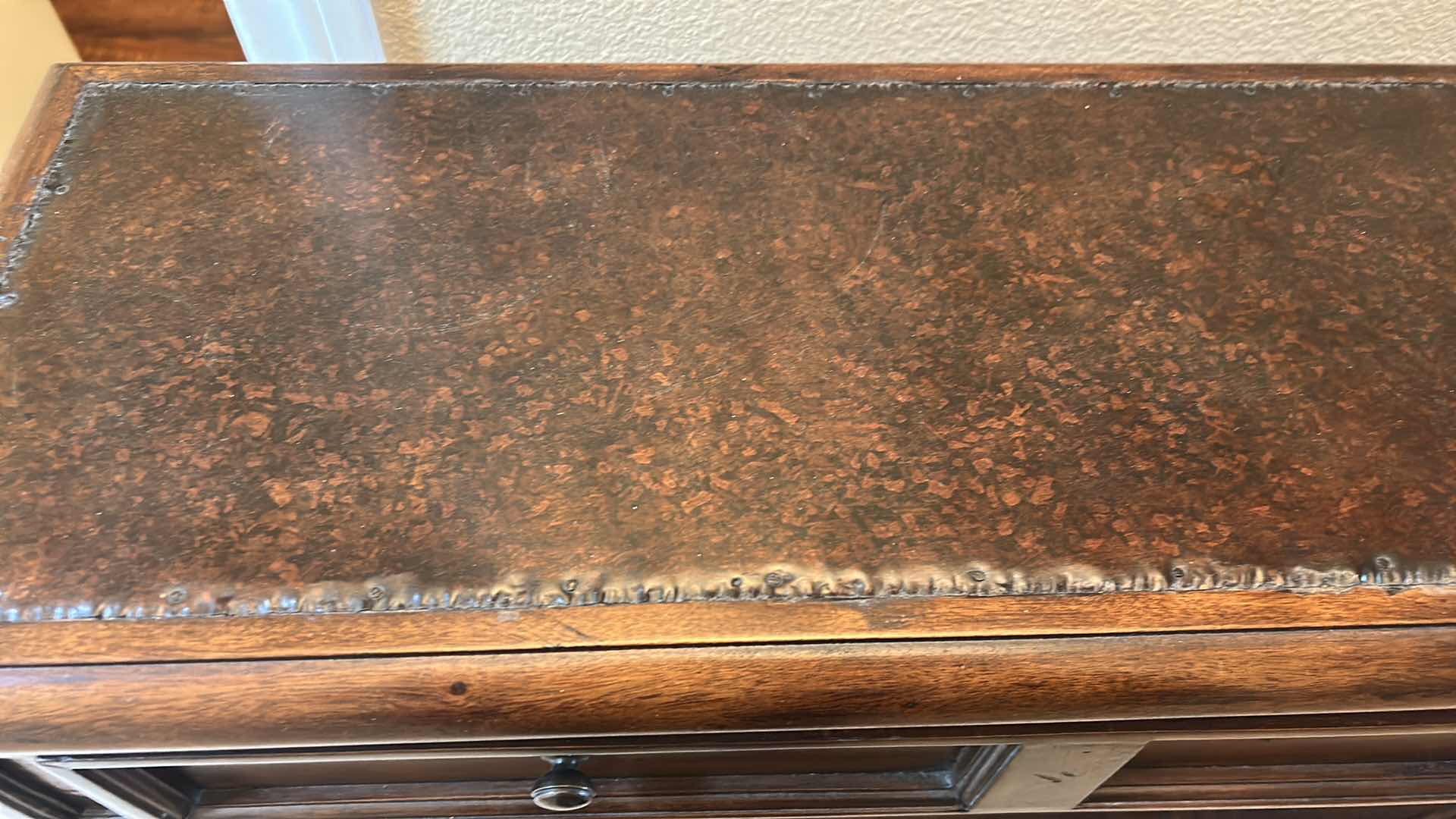 Photo 1 of TRADITIONAL STYLE CONSOLE TABLE,  CRAFTED FROM HARDWOOD SOLIDS WITH A RICH BROWN FINISH AND HAMMERED METAL INSERT ON TOP 58” x 11 1/2“ x H33“